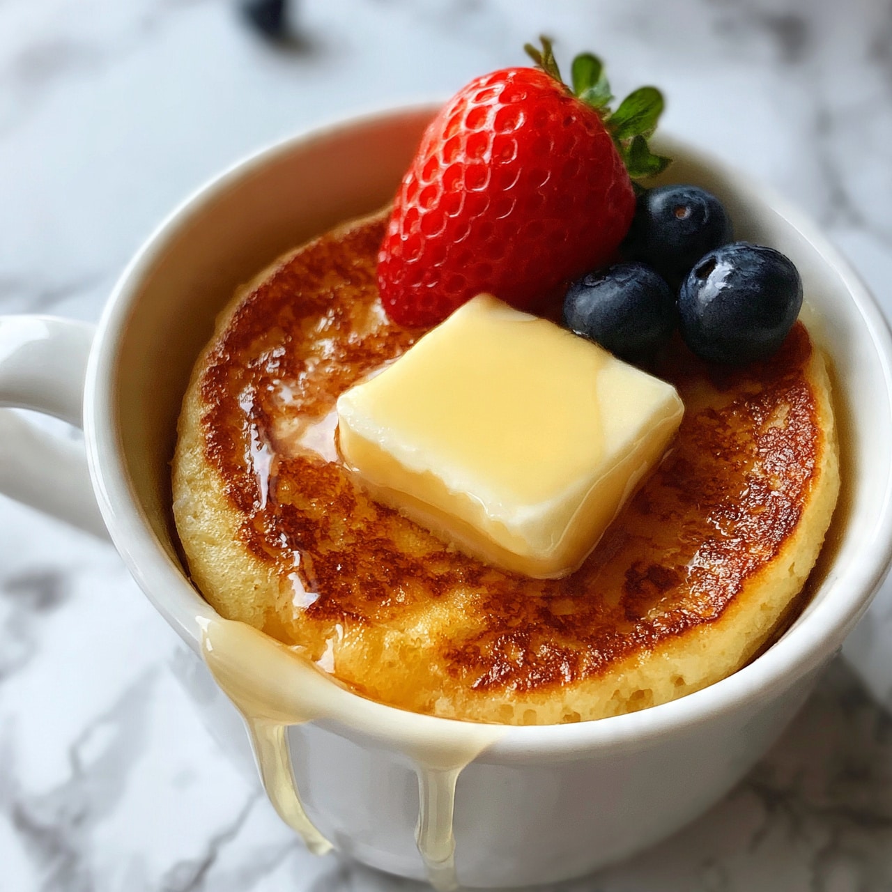 square image A white cup filled with a golden brown pancake, topped with a square piece of melting pale yellow butter in the center, with honey dripping off the side of the cup. On the pancake, there is one bright red strawberry with a green leafy top and two dark blue blueberries beside it. The cup is placed on a white marbled surface with a blurred blueberry in the background photo taken with an iphone --ar 4:5 --v 7