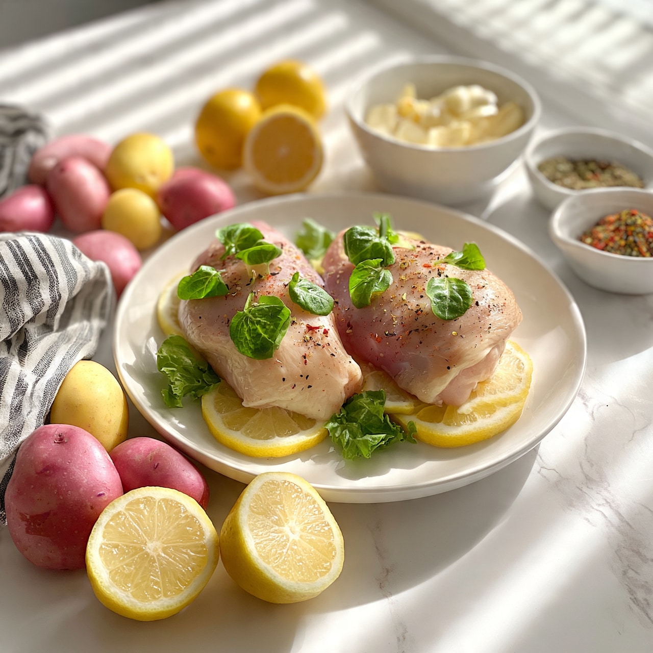 square image The image shows a white plate with two raw chicken pieces topped with small green lettuce leaves and lemon slices underneath and around them. Around the plate, there are small pink, yellow, and red potatoes, three lemon halves, a white bowl with peeled garlic cloves, and another white bowl with a mix of colorful spices in powder form. There is a striped cloth next to the potatoes, and the entire scene is set on a white marbled surface. The photo has bright, natural lighting and clear sharp focus. photo taken with an iphone --ar 4:5 --v 7
