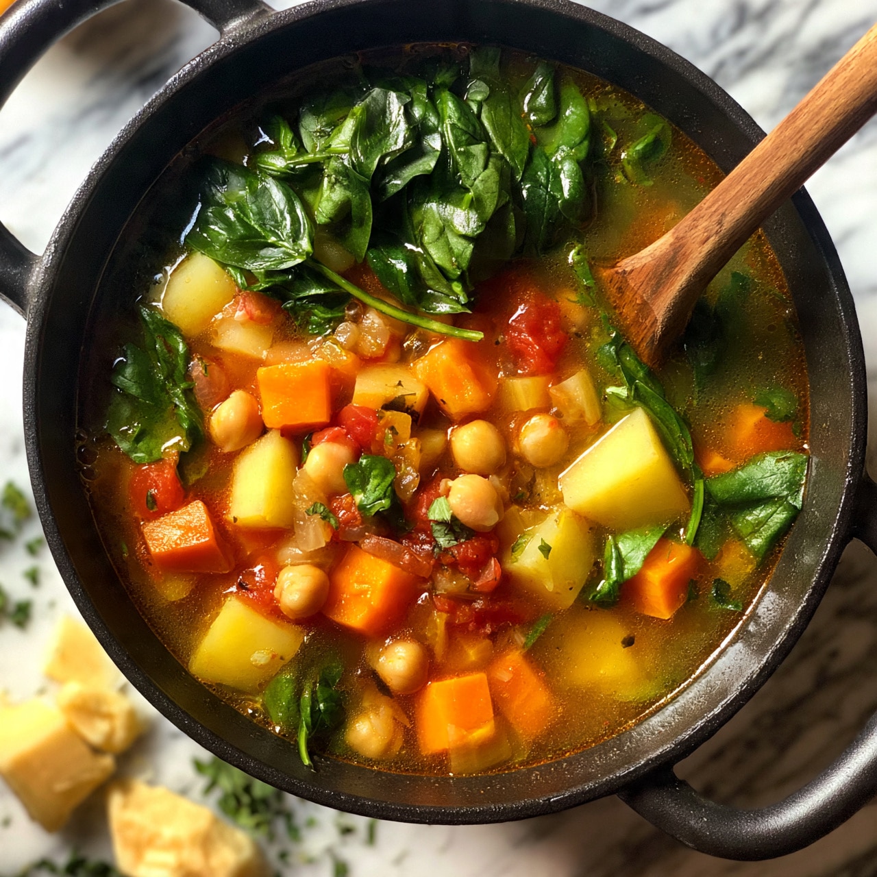 square image A black pot filled with a colorful vegetable soup sits on a white marbled surface. The soup has a clear rich broth with visible layers including chunks of orange carrots, yellow potatoes, beige chickpeas, red tomato pieces, and bright dark green spinach leaves on the top. A wooden spoon rests inside the pot on the right side, partly submerged in the soup. Near the pot handle, pieces of light yellow cheese and green herbs are scattered on the white marbled surface. The whole setting is softly lit, highlighting the fresh ingredients and the textures in the soup. photo taken with an iphone --ar 4:5 --v 7