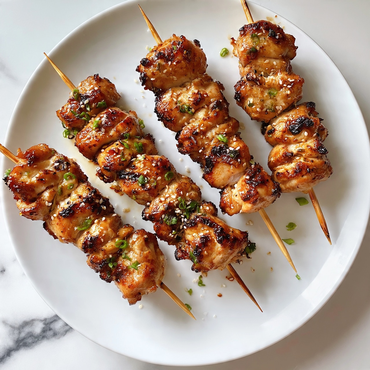 square image There are six wooden skewers of grilled chicken pieces arranged on a white plate. Each skewer has several juicy, golden-brown chicken pieces with a slight char on the edges. The chicken looks shiny with a glaze, giving it an appetizing, caramelized texture. Small bits of chopped green onion and white sesame seeds are sprinkled on top of the chicken and scattered slightly on the plate. The plate is placed on a white marbled surface. photo taken with an iphone --ar 4:5 --v 7