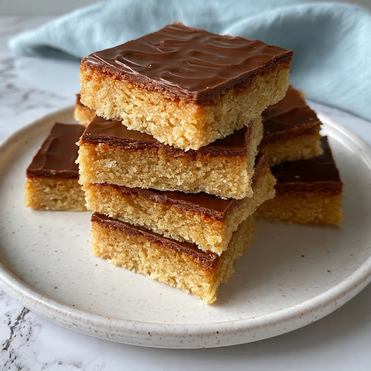 square image There are six square pieces of a two-layer dessert stacked on a round white ceramic plate with a speckled pattern. The bottom layer is thick, crumbly, and light golden brown, looking soft and sandy. The top layer is a smooth, shiny chocolate layer with small wavy lines on the surface, dark brown in color and thinner than the bottom layer. The plate is placed on a white marbled surface, and a light blue cloth is visible in the background. photo taken with an iphone --ar 4:5 --v 7
