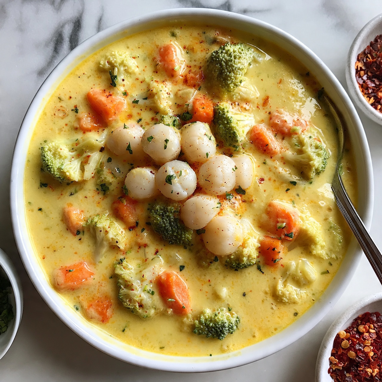 square image A white bowl filled with a creamy yellow soup packed with visible chunks of orange carrots, light green broccoli, and small round white scallops layered on top. The soup looks thick with a smooth texture and scattered small green herbs on the surface. A spoon is resting inside the bowl on the right side. Nearby, there are small bowls with red chili flakes and green herbs visible on a white marbled surface. The photo taken with an iphone --ar 4:5 --v 7