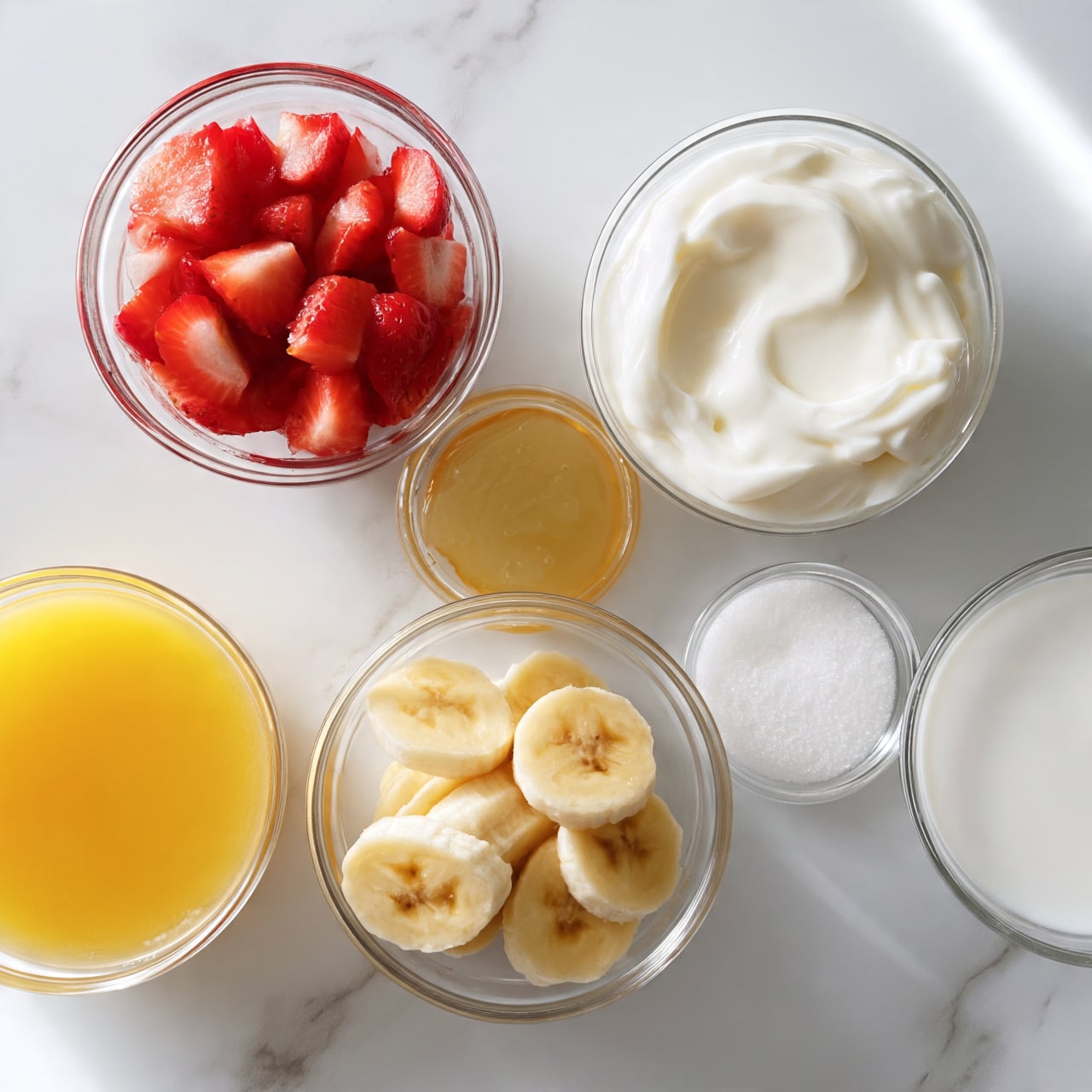 square image The image shows six clear glass bowls placed on a white marbled surface, each containing different ingredients. The top left bowl is filled with bright red strawberry pieces, sliced into small segments with a juicy and fresh texture. To the right of it is a bowl with smooth, white creamy yogurt that looks thick and rich. Below the yogurt is a small bowl with light yellow liquid, likely honey, glossy and slightly thick. Near the bottom left corner, there is a bowl with a deeper yellow liquid, which seems like fresh orange juice. At the bottom center, a bowl holds several slices of pale yellow banana, each round and neatly placed close together. Finally, there is a small bowl to the right with a small amount of white granulated sugar and another bowl with white milk, both smooth and clear. The arrangement is clean and organized, with soft natural light brightening the colors. Photo taken with an iphone --ar 4:5 --v 7