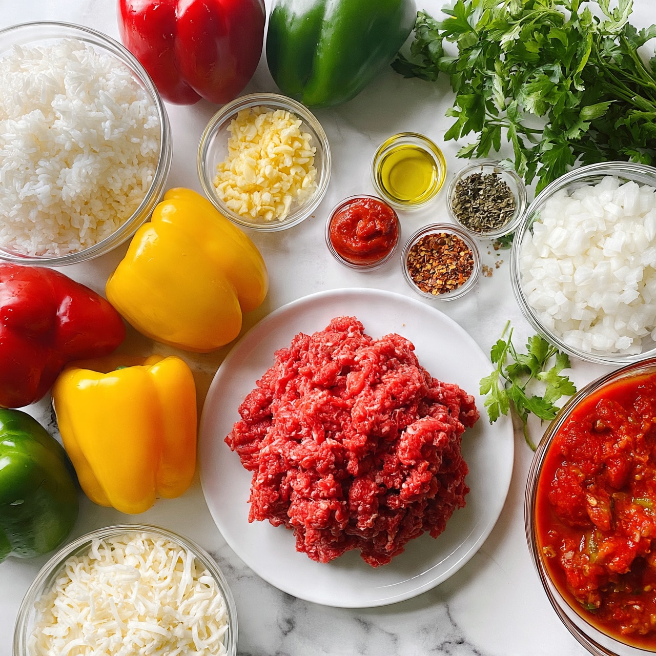 square image The image shows raw ingredients for a stuffed pepper dish laid out on a white marbled surface. At the center is a white plate with a mound of raw ground beef, bright red in color and coarse in texture. To the left, there is a clear glass bowl filled with white cooked rice, fluffy and soft looking. Surrounding these are several fresh bell peppers in red, yellow, and green colors, shiny and smooth. Next to the beef are small clear bowls holding minced garlic, olive oil, tomato paste, dried herbs, and red pepper flakes, arranged neatly in a row. On the right, there is a bunch of fresh parsley with green leaves and a clear glass bowl filled with chopped white onions beside a larger clear bowl with chunky red tomato sauce. A bowl of shredded mozzarella cheese is also visible near the bottom left of the image. Photo taken with an iphone --ar 4:5 --v 7
