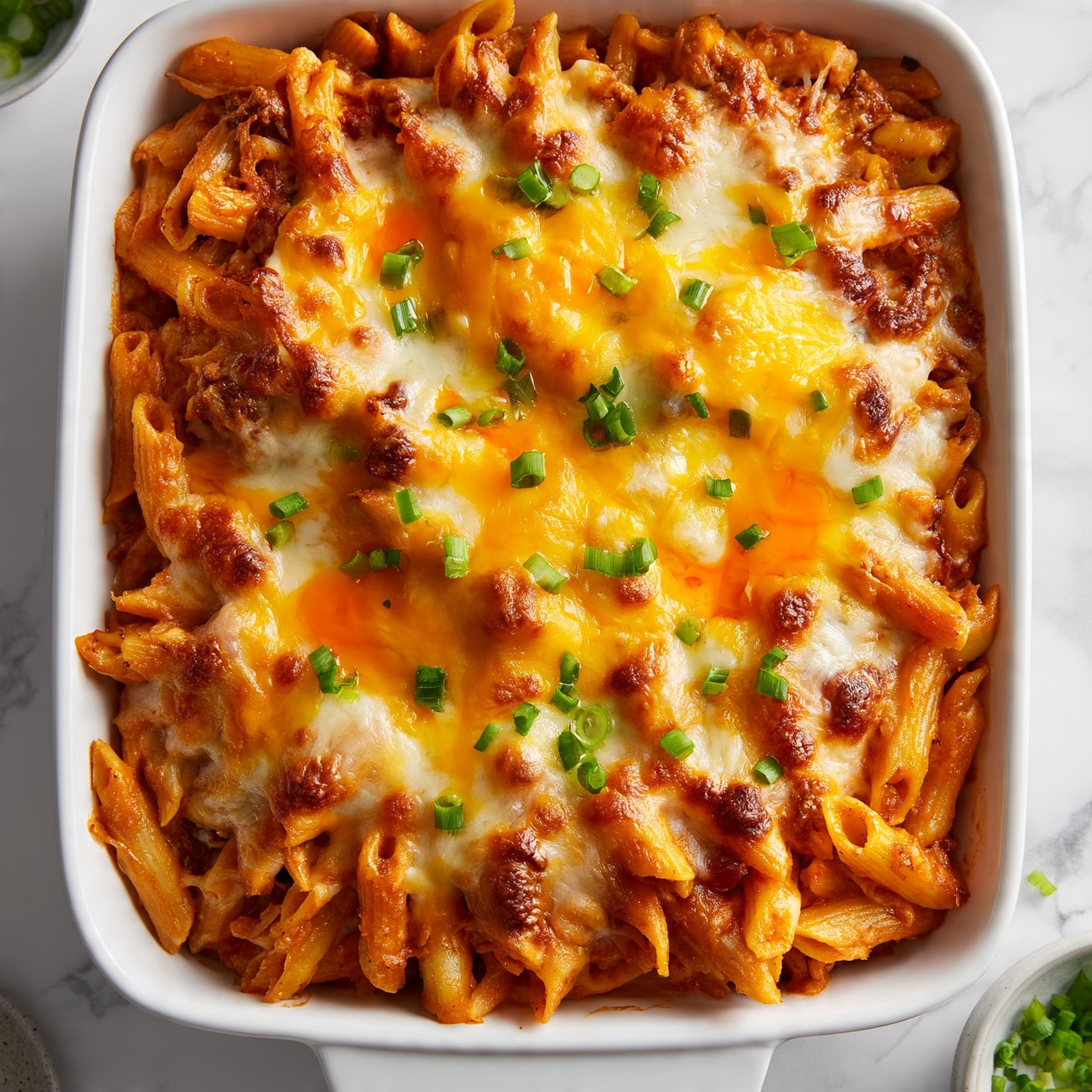 square image A white rectangular dish filled with three layers of penne pasta mixed with a rich orange sauce, topped with melted cheese that is golden and slightly browned in spots. Small green onion pieces are scattered over the cheese layer, adding bursts of green color. The pasta appears soft and coated evenly, with some pools of bright orange sauce on top, giving a glossy, hearty look. The dish is placed on a white marbled surface with small bowls of green onions on the side. photo taken with an iphone --ar 4:5 --v 7