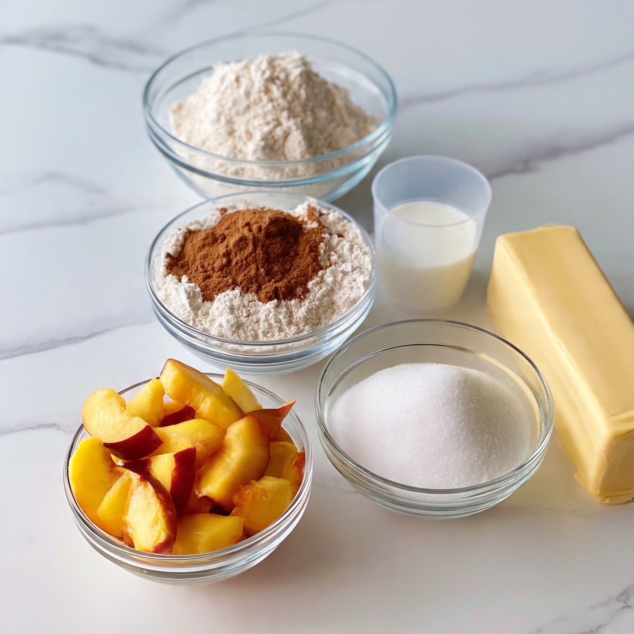 square image The image shows five clear glass bowls and a rectangular package on a white marbled surface. One bowl contains white flour mixed with brown cinnamon powder, positioned at the back center. In front and to the left, there is a bowl filled with fresh sliced peach pieces, showing yellow and red colors. To the right, a bowl has white granulated sugar. Next to the sugar bowl, a small transparent cup holds white liquid, likely milk or cream. Beside all bowls, on the right side of the image, there is a rectangular package of butter in pale yellow color. The overall arrangement is neat, with all items set close together on the clean white marbled surface. photo taken with an iphone --ar 4:5 --v 7