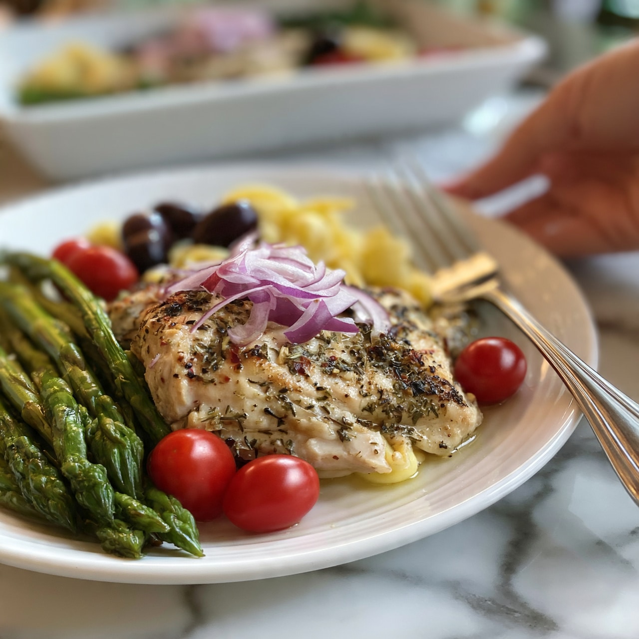 square image A white plate on a white marbled surface holds a cooked piece of chicken seasoned with herbs and spices, topped with a few thin slices of red onion. Around the chicken, there are green asparagus spears and bright red cherry tomatoes. There are also a few dark olives and some yellow pasta on the plate. A silver fork is next to the food, and a woman's hand is seen holding it lightly. In the background, a white tray with more food is slightly blurred. Photo taken with an iphone --ar 4:5 --v 7