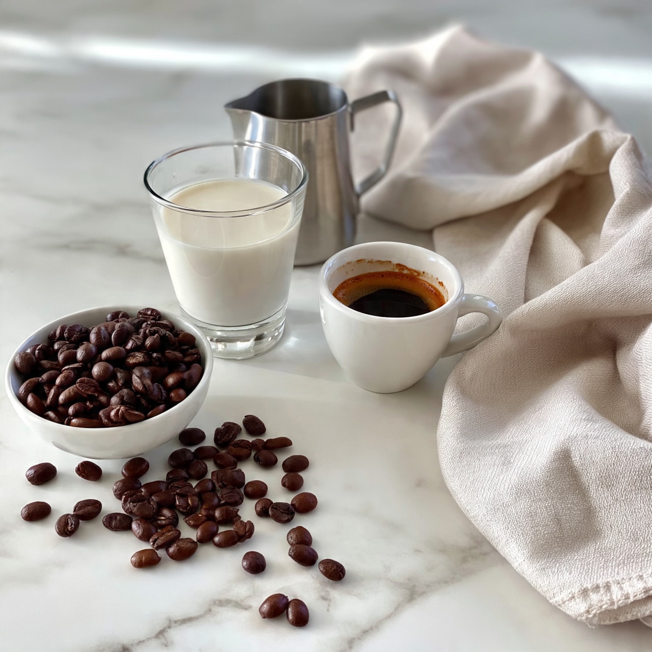 square image The image shows a small white bowl full of dark brown coffee beans with some beans spread around it on a white marbled surface. Next to the bowl is a clear glass filled with milk and beside that is a small white cup holding dark espresso with crema on top. Behind the espresso cup, there is a small silver metal milk jug with a handle. A light beige cloth is placed to the right side of the items, adding texture to the scene. Photo taken with an iphone --ar 4:5 --v 7