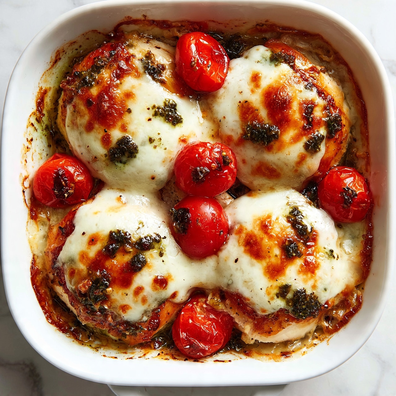 square image A white baking dish filled with four round pieces of chicken layered beneath a topping of melted, slightly browned white cheese with small dark green pesto patches. Between the chicken pieces and scattered around the sides are bright red roasted cherry tomatoes with some slightly burnt spots. The edges of the dish show caramelized juices. The whole dish is set on a white marbled surface photo taken with an iphone --ar 4:5 --v 7