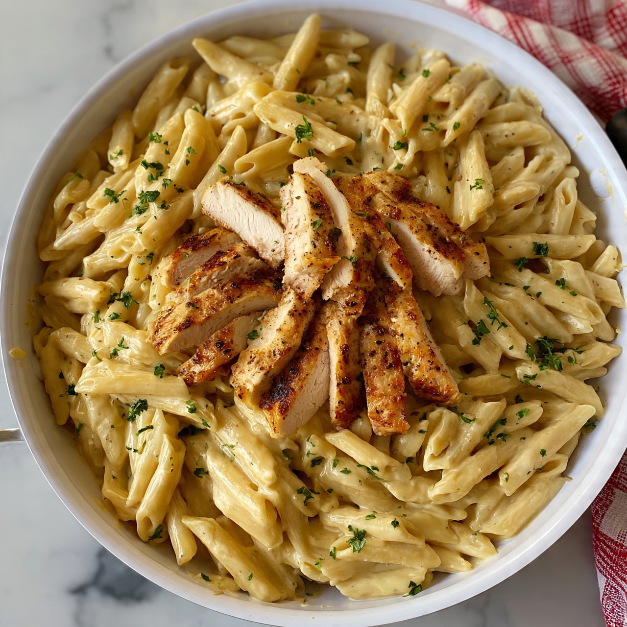 square image The image shows a white pan filled with creamy penne pasta and sliced pieces of cooked chicken on top. The pasta is coated with a light beige creamy sauce, and small bits of green herbs are sprinkled evenly, adding a pop of color. The chicken slices are placed more toward the center of the pan, arranged in a loose pile. The pan is on a white marbled surface with a red and white checked cloth partially visible on the side. Photo taken with an iphone --ar 4:5 --v 7