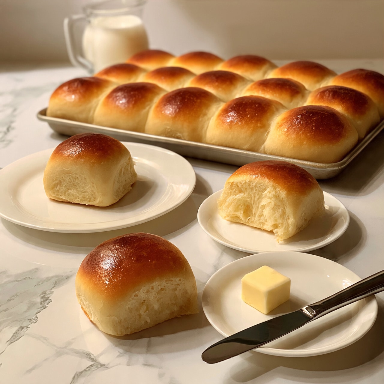 square image The image shows a white plate with one soft, shiny golden brown bun in the center. Behind it is a baked tray filled with the same type of round buns arranged in rows, all with a golden brown top and soft, fluffy texture. In front of the tray are two white plates; one holds a bun torn open revealing its soft, airy inside, and the other has a small block of butter next to a butter knife with smooth, reflective metal. A clear glass jug of milk is placed behind these plates on a white marbled surface. The lighting is warm and soft. photo taken with an iphone --ar 4:5 --v 7