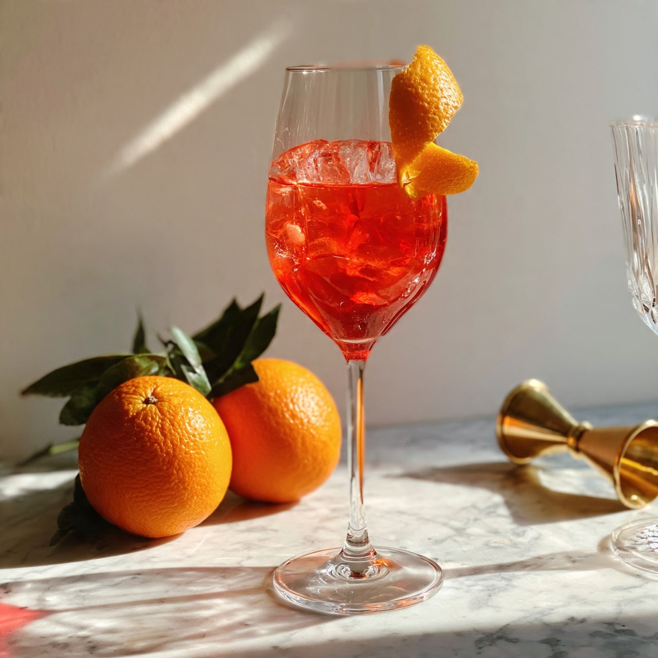 square image The image shows a tall, clear wine glass filled with a red drink and ice cubes. A twist of orange peel hangs on the rim of the glass. Next to the glass, there are two whole oranges with green leaves on a white marbled surface. A gold jigger lies nearby, and part of a clear glass is visible on the right side. Soft shadows fall on the surface, and the background is simple white. Photo taken with an iphone --ar 4:5 --v 7
