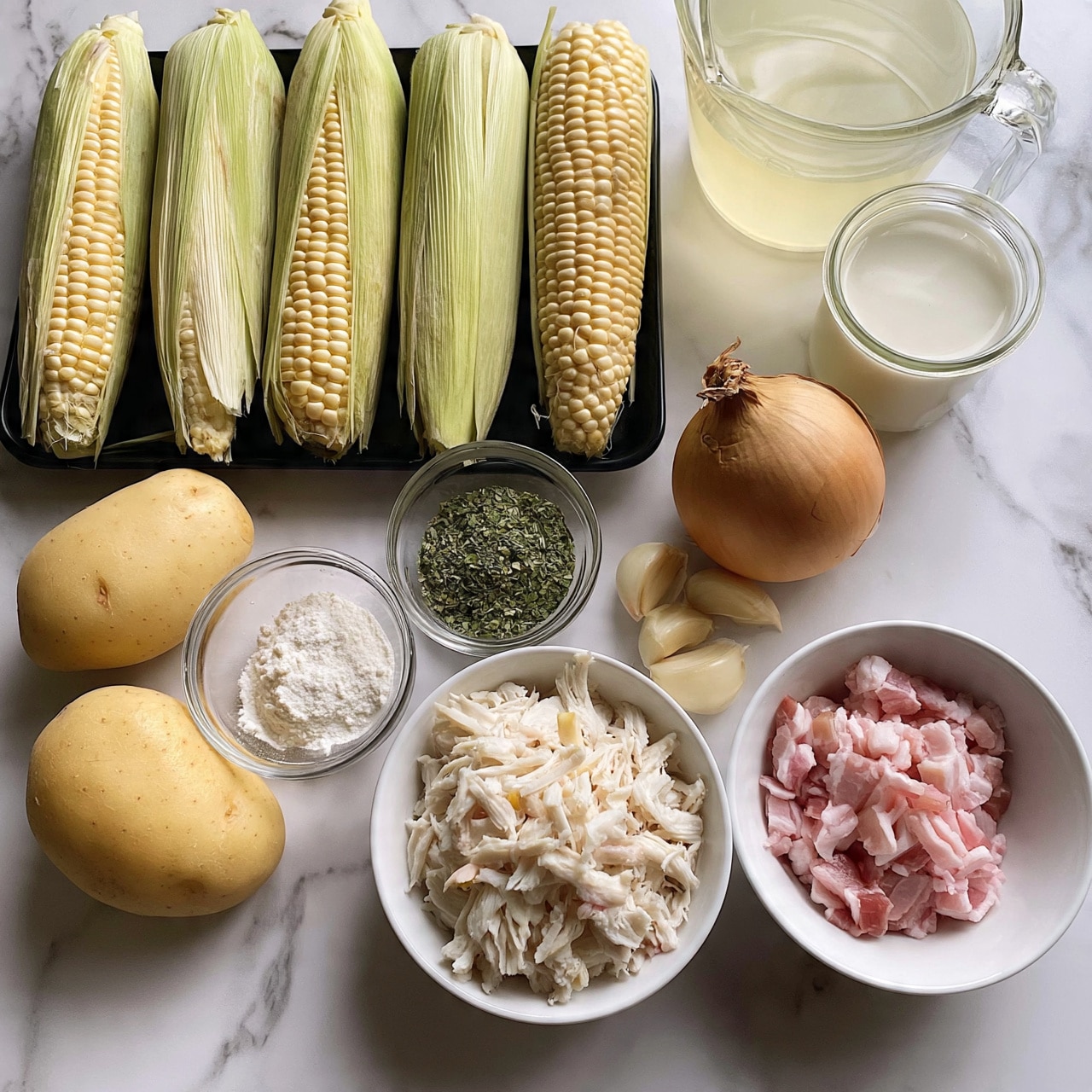 square image The image shows a collection of cooking ingredients arranged neatly on a white marbled surface. In the top left, five ears of corn with green husks are laid side by side on a black tray. Below the tray, there are two whole light brown potatoes beside a small glass bowl with white flour. Next to it is a small glass bowl filled with green dried herbs. To the right, a whole brown onion and three garlic cloves are placed close together. Two white bowls are set side by side; one contains a pile of shredded white meat, and the other has small pieces of raw pink bacon. In the top right corner, a glass measuring cup with pale yellow liquid sits, and in front of it is a smaller glass container filled with creamy white liquid is visible. Photo taken with an iphone --ar 4:5 --v 7