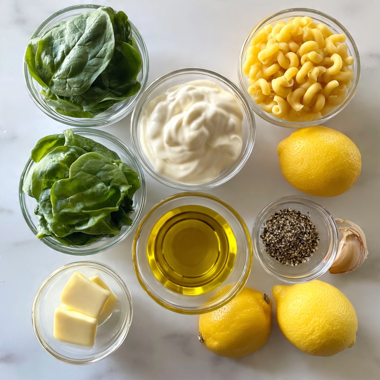 square image The image shows a white marbled surface with seven small clear glass bowls arranged neatly. One bowl contains fresh green spinach leaves, another is filled with creamy white sauce, and a third holds uncooked elbow macaroni pasta, which is yellow with a smooth texture. A smaller bowl has three small pieces of pale yellow butter. Another bowl contains golden yellow olive oil with a smooth and shiny texture. A very small bowl has a mix of black pepper and other small ground spices. Close to these bowls, there are two whole bright yellow lemons. Next to the lemons is a single clove of garlic with light brown papery skin. The setting is bright and clean, creating a fresh and organized look. Photo taken with an iphone --ar 4:5 --v 7