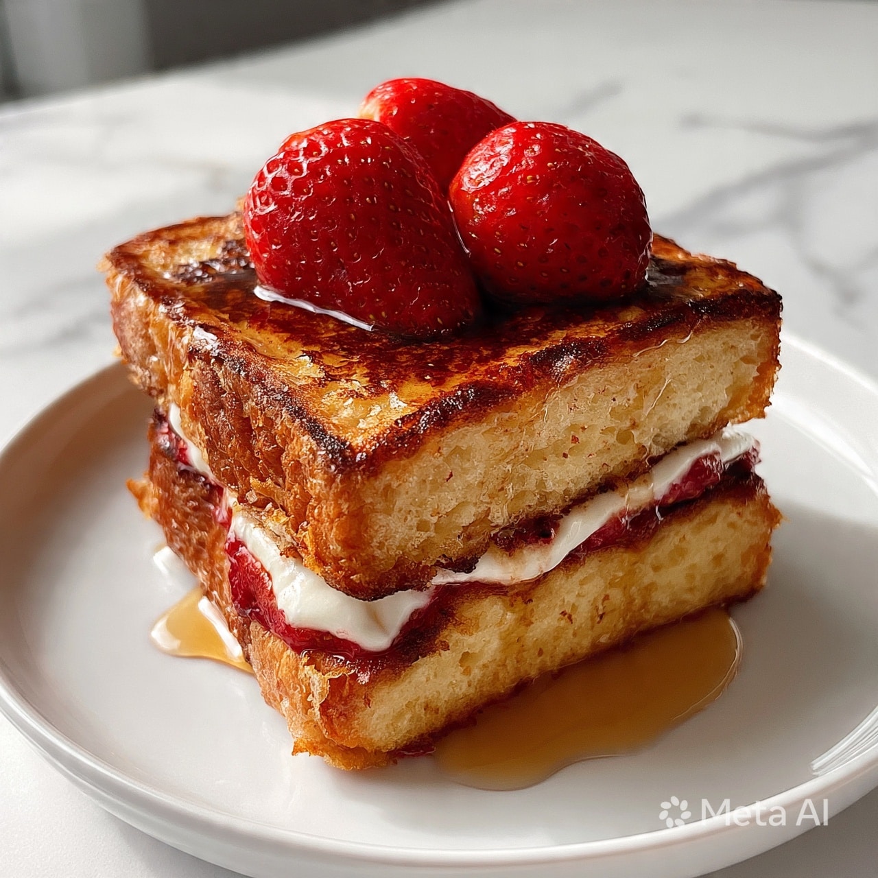 square image The image shows two thick slices of golden-brown French toast stacked on a white plate, with a layer of creamy light yellow custard between them. On top of the stack are fresh red strawberry slices, arranged neatly next to a dollop of white whipped cream. The French toast is dusted with white powdered sugar that also lightly covers the white marbled surface beneath the plate. Three whole and sliced strawberries sit around the plate, adding bright red accents. Photo taken with an iphone --ar 4:5 --v 7