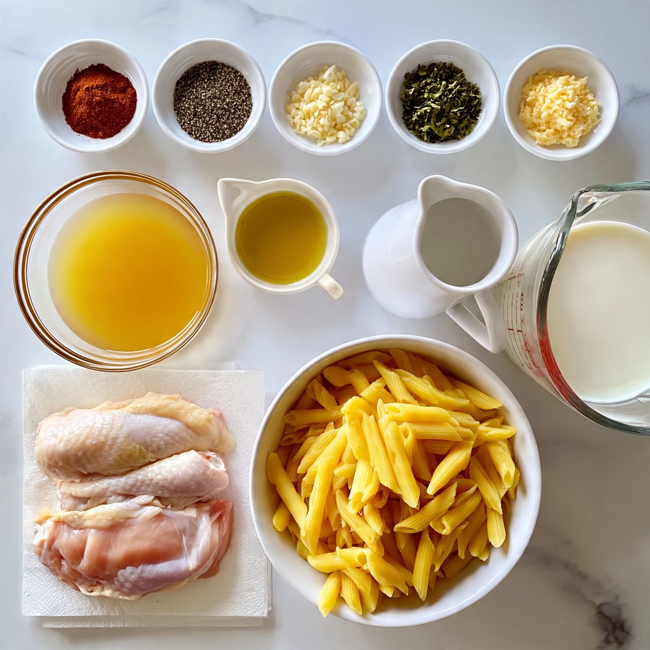 square image The image shows various ingredients laid out on a white marbled surface in clear and white bowls and dishes. In the bottom area, there are two raw chicken pieces on a white paper towel, next to a medium white bowl filled with yellow penne pasta. Nearby, there's a white pitcher with golden broth and a glass measuring cup with a creamy white liquid. Above them, small white bowls contain different seasonings including red spice, black pepper, garlic, green chopped herbs, and a light yellow minced item. A small spouted bowl with golden olive oil sits near the center. The scene is bright with all ingredients clearly visible, arranged neatly in rows. photo taken with an iphone --ar 4:5 --v 7