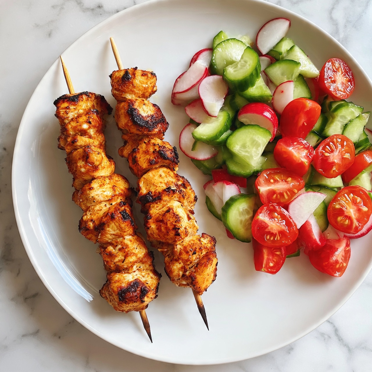 square image The image shows two wooden skewers of grilled chicken placed parallel on the left side of a large white plate. The chicken pieces are golden brown with some darker grill marks, and they appear juicy and well cooked. On the right side of the plate, there is a fresh salad made of sliced green cucumbers, radishes, and halved cherry tomatoes. The salad colors are bright and vibrant, contrasting with the warm tones of the chicken. The plate sits on a white marbled surface, and the photo taken with an iphone --ar 4:5 --v 7