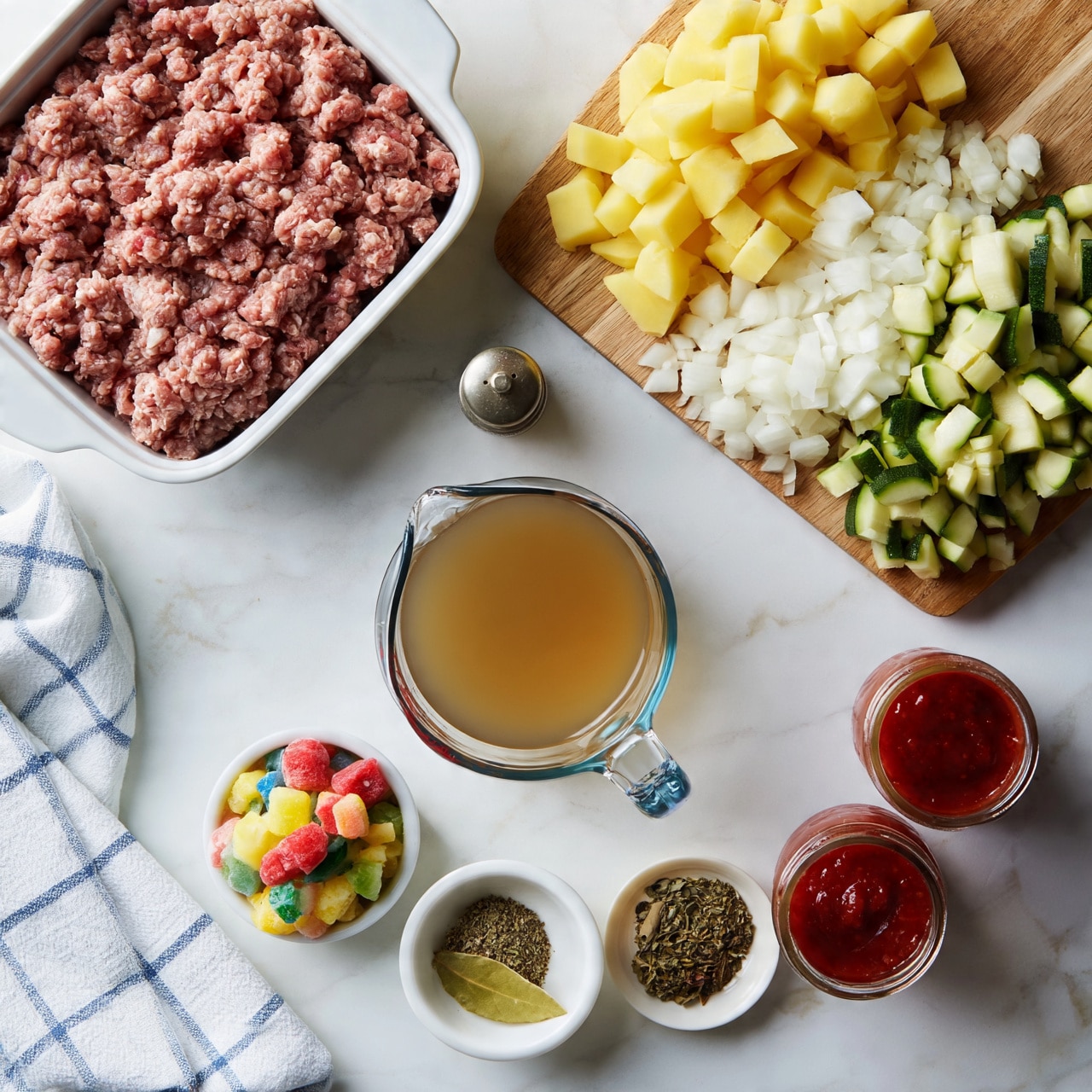 square image The image shows ingredients arranged on a white marbled surface with a white cloth with a blue checkered pattern on the bottom left corner. On a wooden board in the top right are three types of chopped vegetables: yellow cubed potatoes, white chopped onions, and green zucchini slices. To the left of the board is a white rectangular container filled with raw ground meat. In the center of the image is a clear glass measuring cup filled with light brown broth. Below the broth are small white bowls containing different ingredients, including colorful mixed frozen vegetables, dried spices with a bay leaf, and two jars with red sauces or pastes. A small pepper grinder is placed between the broth and the chopped vegetables. The photo taken with an iphone --ar 4:5 --v 7