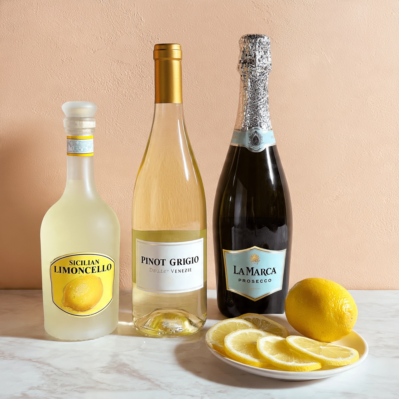 square image The image shows three bottles standing on a white marbled surface against a light peach textured wall. On the left is a frosted glass bottle with a yellow label and a picture of a lemon, labeled