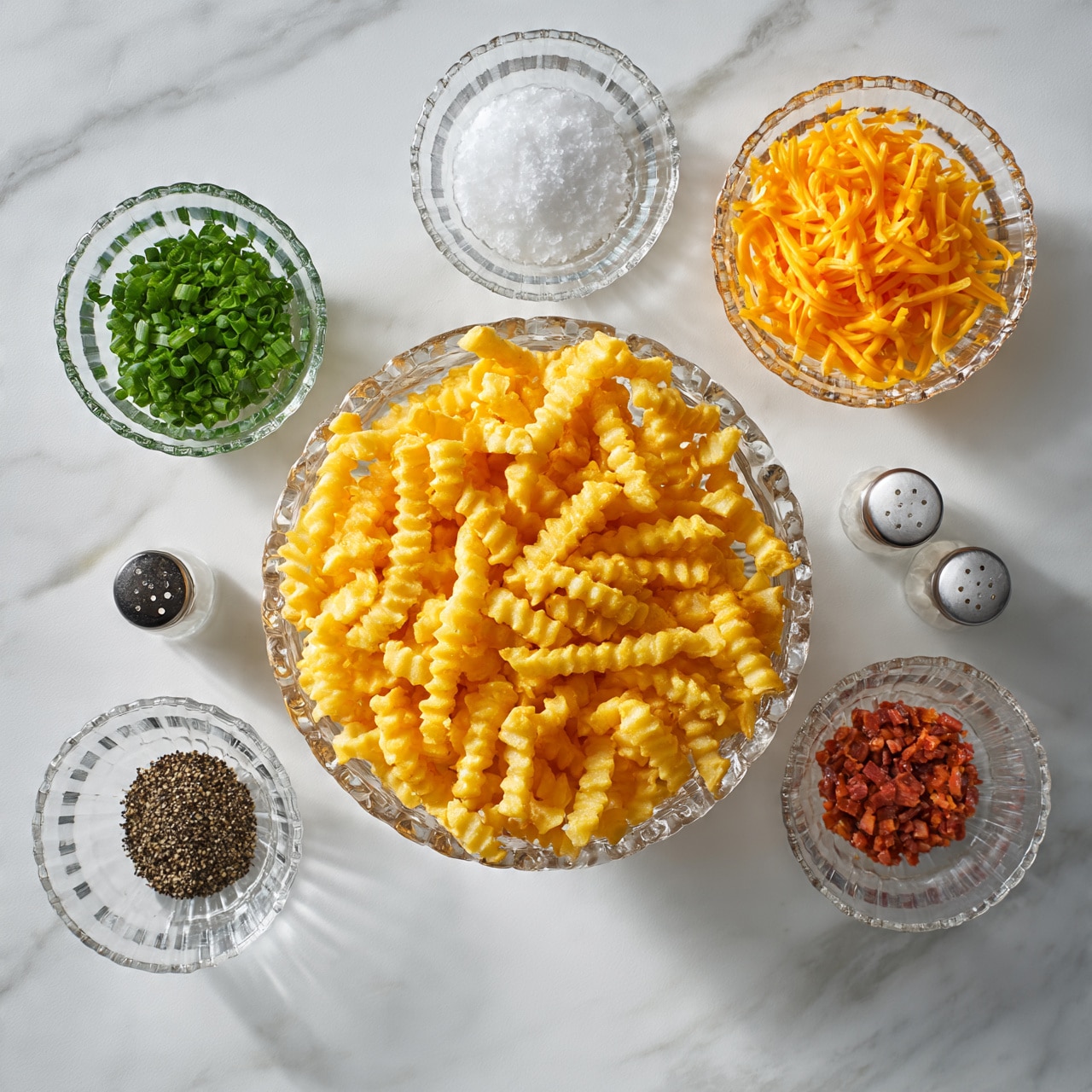 square image The image shows six clear glass bowls arranged on a white marbled surface. The largest bowl in the center is filled with crinkle-cut golden yellow fries. Surrounding it are smaller bowls: one with finely chopped green onions, one with fluffy white salt, one with bright orange shredded cheese, one with small pieces of red bacon bits, and two small shakers with black and white pepper. Photo taken with an iphone --ar 4:5 --v 7