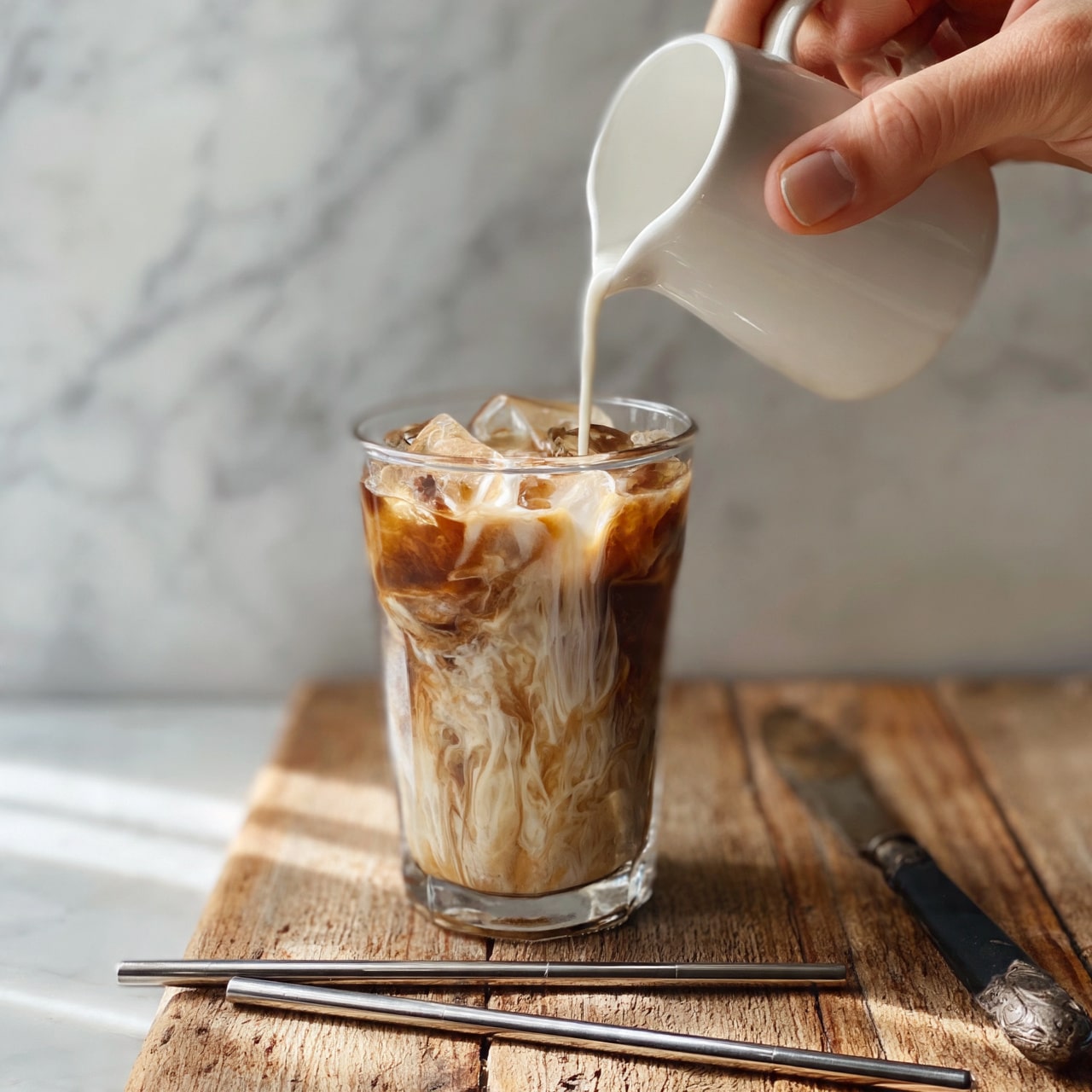 square image A clear glass filled with iced coffee that shows swirling light and dark brown colors as cream is poured in from a white ceramic pitcher held by a woman's hand. The glass sits on a rustic wooden surface next to a white marbled background. Two metal straws lie horizontally in front of the glass, and a vintage knife with a black handle is visible to the side. The lighting highlights the creamy texture mixing with the coffee. photo taken with an iphone --ar 4:5 --v 7