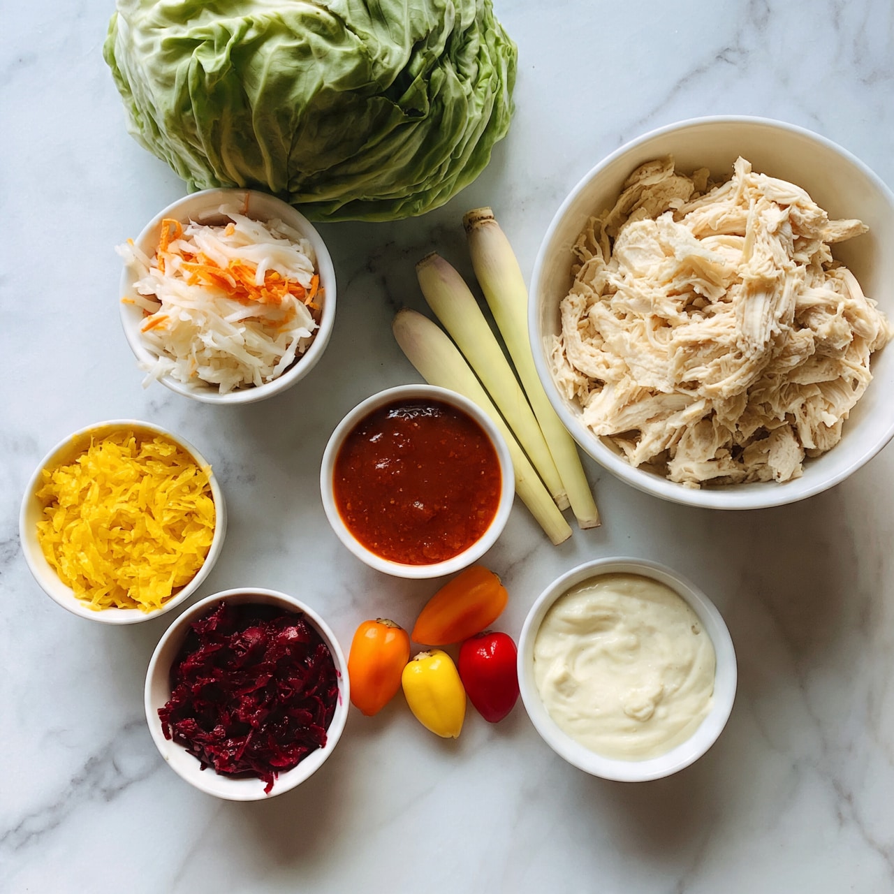 square image The image shows an arrangement of various fresh ingredients on a white marbled surface. There is a whole green cabbage at the top left, with a small white bowl next to it containing a mix of shredded white and orange vegetables. Below, there are small white bowls filled with bright yellow, deep red chopped ingredients, and a red-brown sauce in the center. To the right, a larger white bowl is filled with cooked shredded chicken, and beside it, another small white bowl holds a creamy white sauce. There are also three pieces of pale green lemongrass and three small colorful peppers (orange, yellow, and red) laid out near the center. The setup is neat and vibrant, showing all elements clearly. photo taken with an iphone --ar 4:5 --v 7