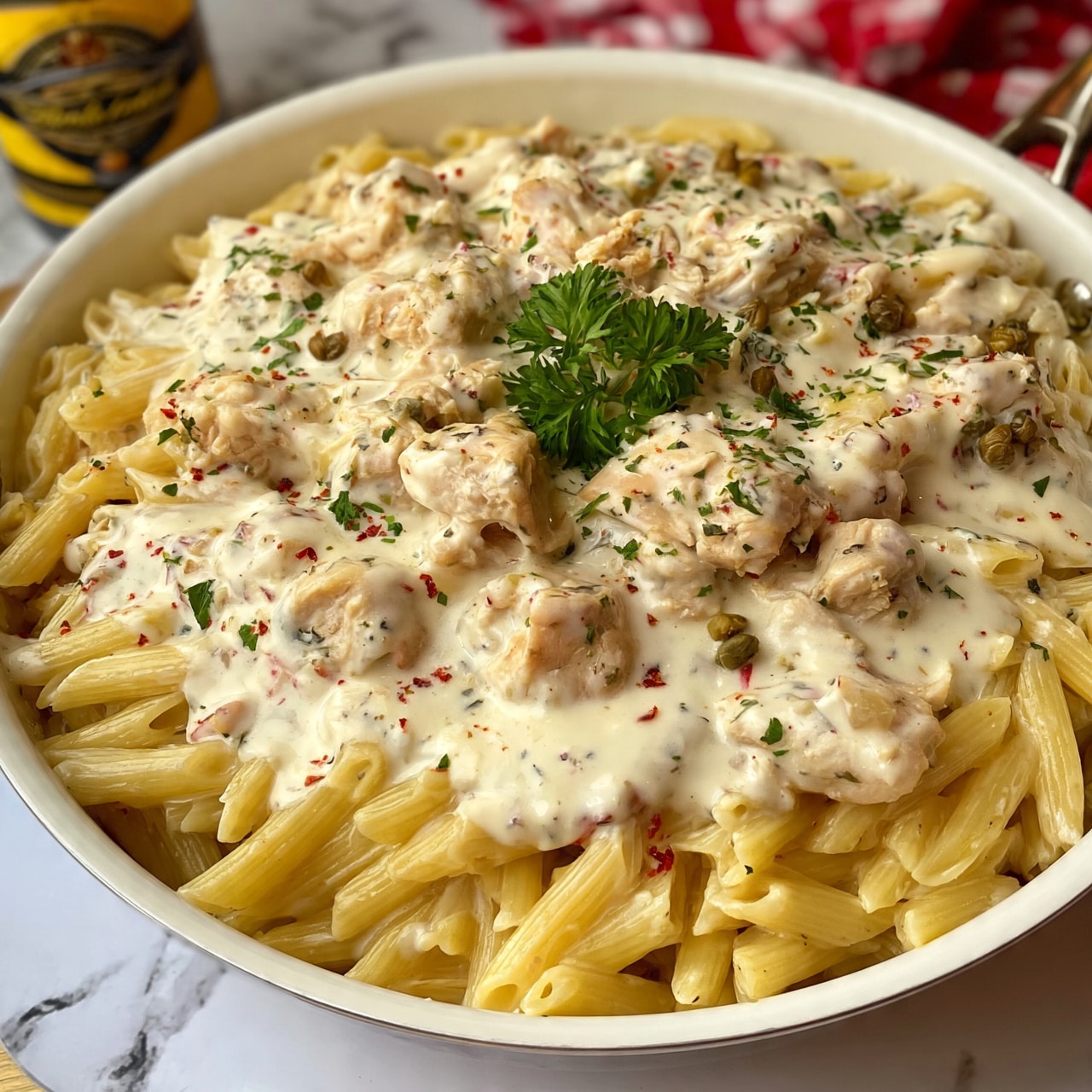 square image A white pan filled with creamy pasta showing about two main layers: the bottom layer is light yellow penne pasta, and the top layer is pieces of light cream-colored chicken mixed in a smooth, white creamy sauce with small red and green herbs scattered throughout. There are small green parsley leaves on top for garnish and a few light brown capers mixed in. In the background, a bottle with a yellow and black label and some red and white checkered cloth sit on a white marbled surface. Photo taken with an iphone --ar 4:5 --v 7