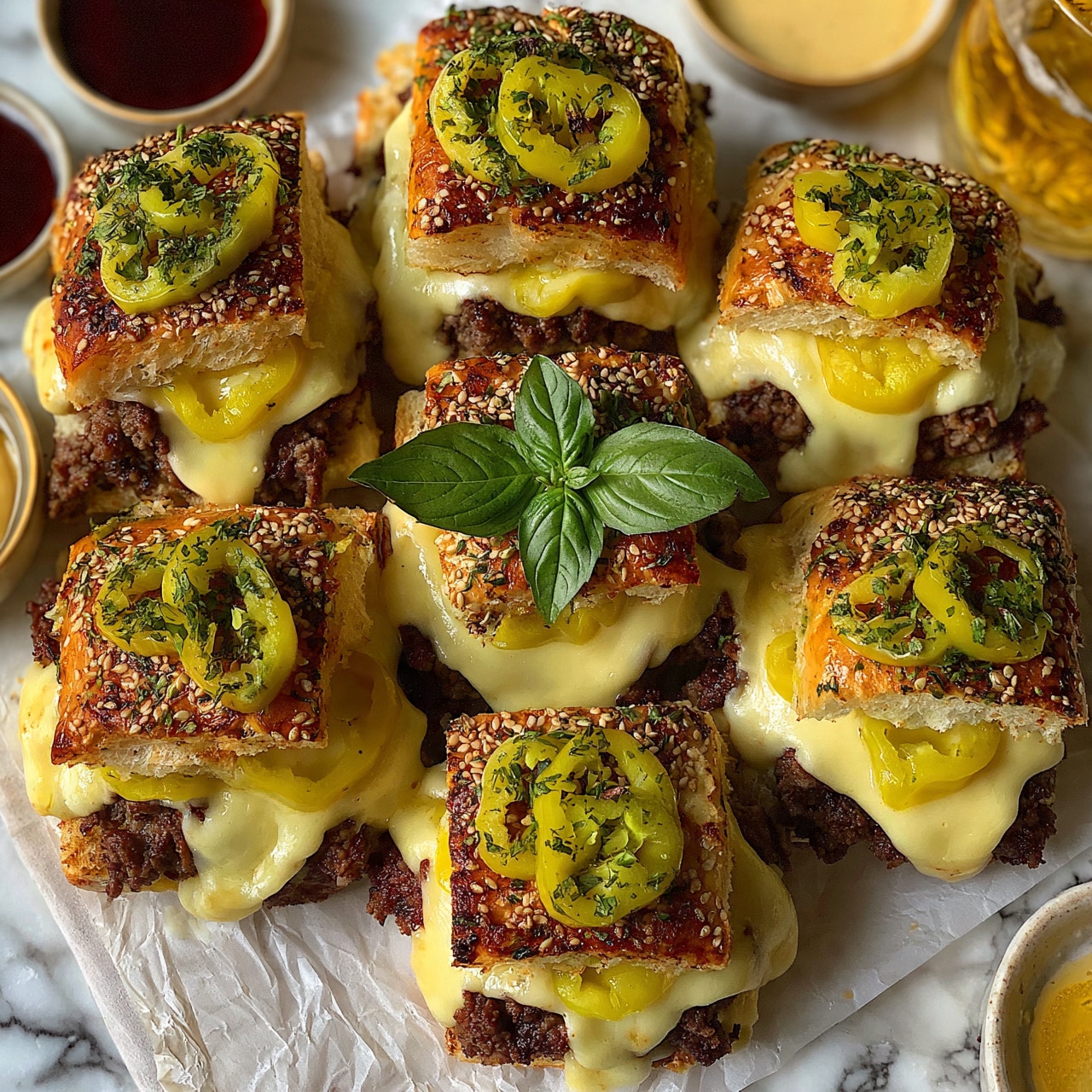 square image This image shows a close-up of a cluster of nine toasted sandwich buns topped with sesame seeds and green herbs, arranged in a 3x3 pattern on parchment paper over a white marbled surface. Inside each bun layer, there is melted light yellow cheese stretching out, ground dark brown meat, and some bright yellow-green pickled pepper slices. Fresh green basil leaves are placed on top of some buns for decoration. Around the sandwiches, there are small bowls of dark red and light yellow sauces and a glass with a golden yellow drink. photo taken with an iphone --ar 4:5 --v 7
