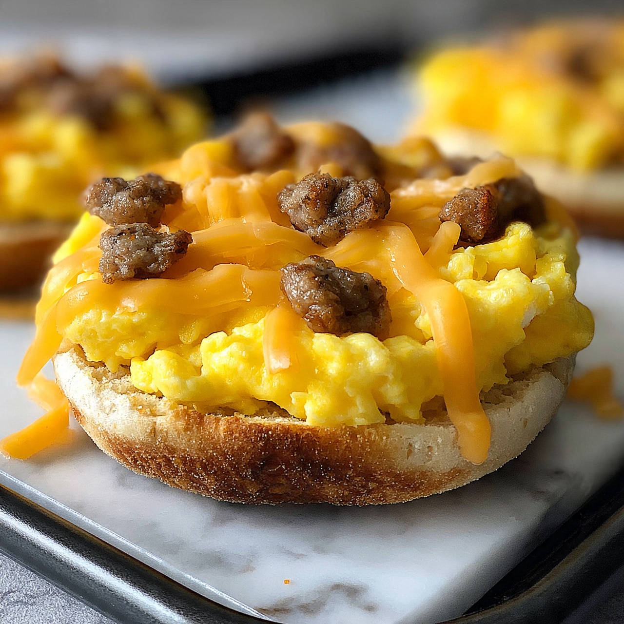 square image The image shows a close-up of a small round sandwich on a white marbled surface, placed on a dark baking tray. The bottom layer is a toasted English muffin with a golden brown, slightly crispy texture. On top of the muffin is a thick layer of soft, scrambled eggs with a bright yellow color. Scattered on the eggs are small pieces of cooked sausage that have a browned, crumbly texture. There is melted shredded cheese, light orange in color, spread over and around the eggs and sausage, slightly dripping over the edges. In the background, there are similar sandwiches, slightly blurred. The photo taken with an iphone --ar 4:5 --v 7
