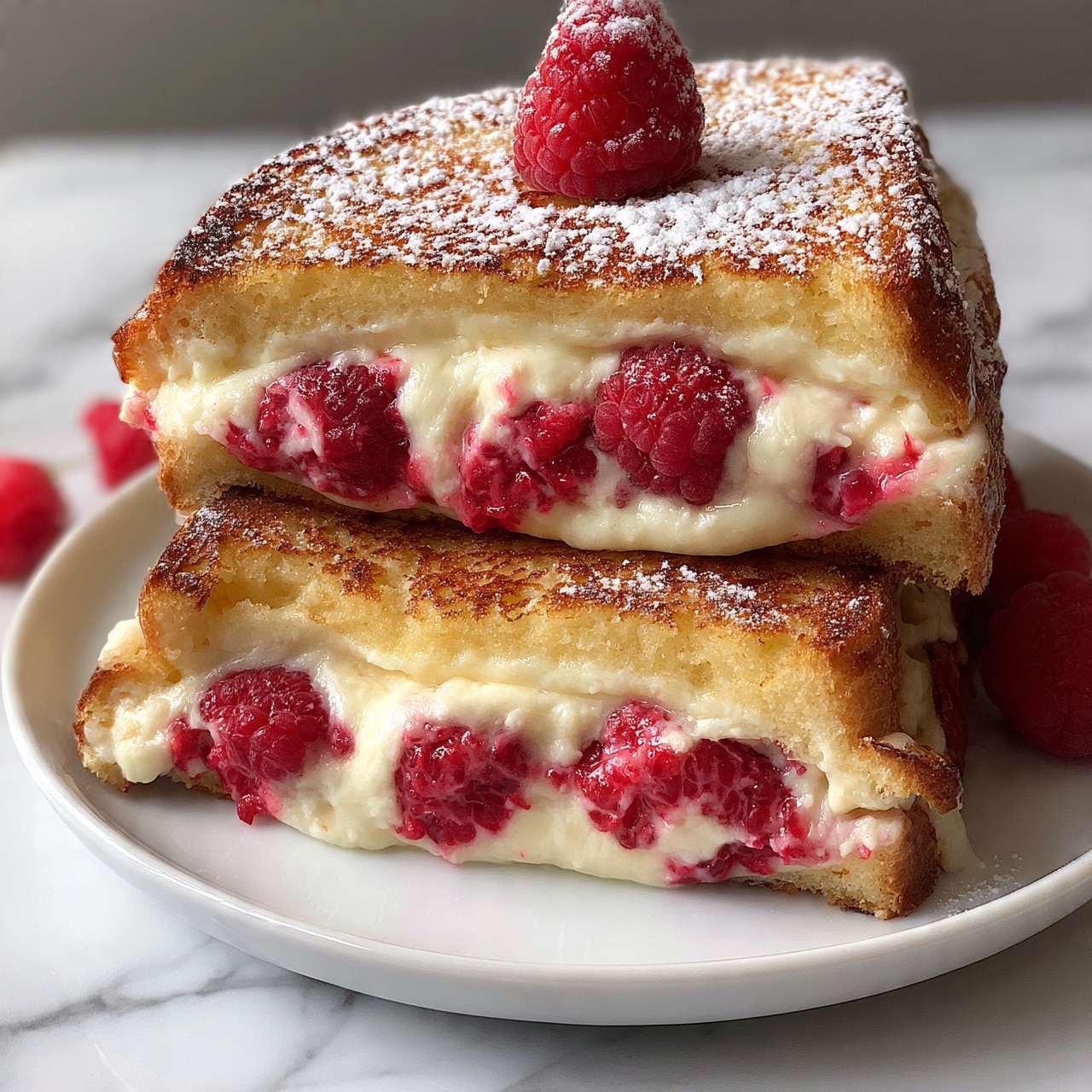 square image Two thick slices of golden brown toasted bread are stacked on a white plate, each slice filled with a creamy white cheese mixed with bright red raspberries. The bread's crust is slightly crispy, and the inside looks soft and moist from the melting cheese. A light dusting of powdered sugar covers the top slice, with a fresh raspberry placed on the very top for decoration. Around the plate, a few loose raspberries add a pop of color. The plate sits on a white marbled surface, and the overall look is fresh and inviting. photo taken with an iphone --ar 4:5 --v 7