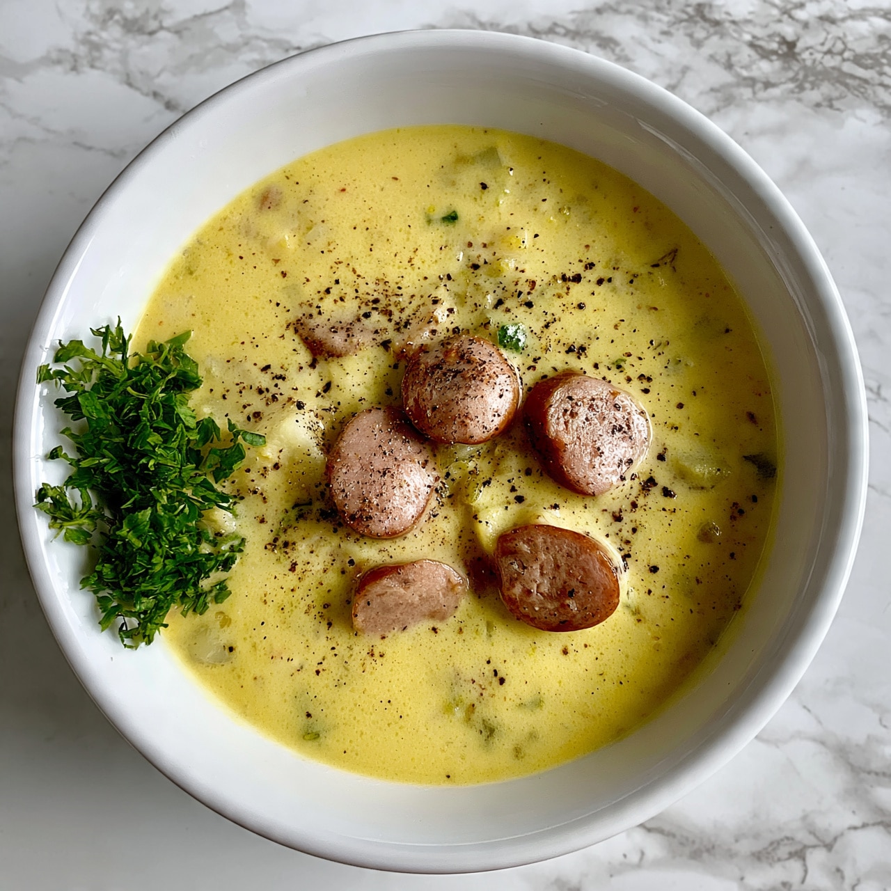 square image A white bowl filled with thick yellow soup with visible chunks of light brown sausage slices and small pieces of potato or other vegetables. On the side of the bowl, there is a small bunch of chopped green herbs for garnish. The soup looks creamy with some black pepper sprinkled on top. The bowl is resting on a white marbled surface. Photo taken with an iphone --ar 4:5 --v 7