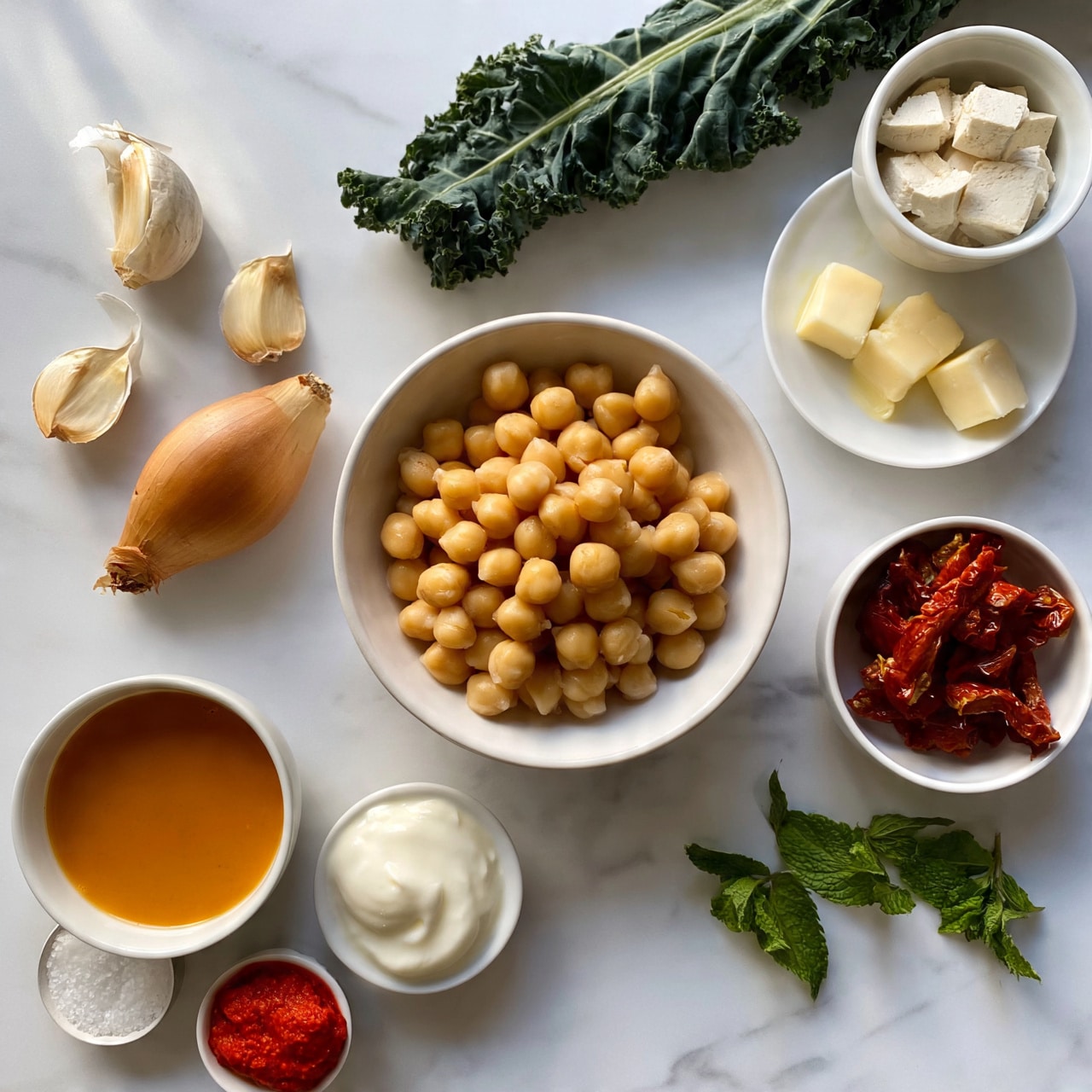 square image The image shows a white bowl filled with light brown chickpeas in the center. Around the bowl, there are several ingredients placed neatly on a white marbled surface: a long dark green kale leaf on the top right, small white cubes of tofu in a white bowl on the top right corner, pale yellow butter cubes on a small white plate nearby, three peeled garlic cloves and a shallot on the left side, a small bowl with red sun-dried tomatoes on the bottom right, and a few fresh green mint leaves below it. On the bottom left, there is a small white bowl of smooth orange liquid, a small dish of creamy white yogurt, a small dish with bright red spice paste, and a small round container of coarse salt. The overall look is clean and fresh, with ingredients arranged carefully for a cooking setup. Photo taken with an iphone --ar 4:5 --v 7