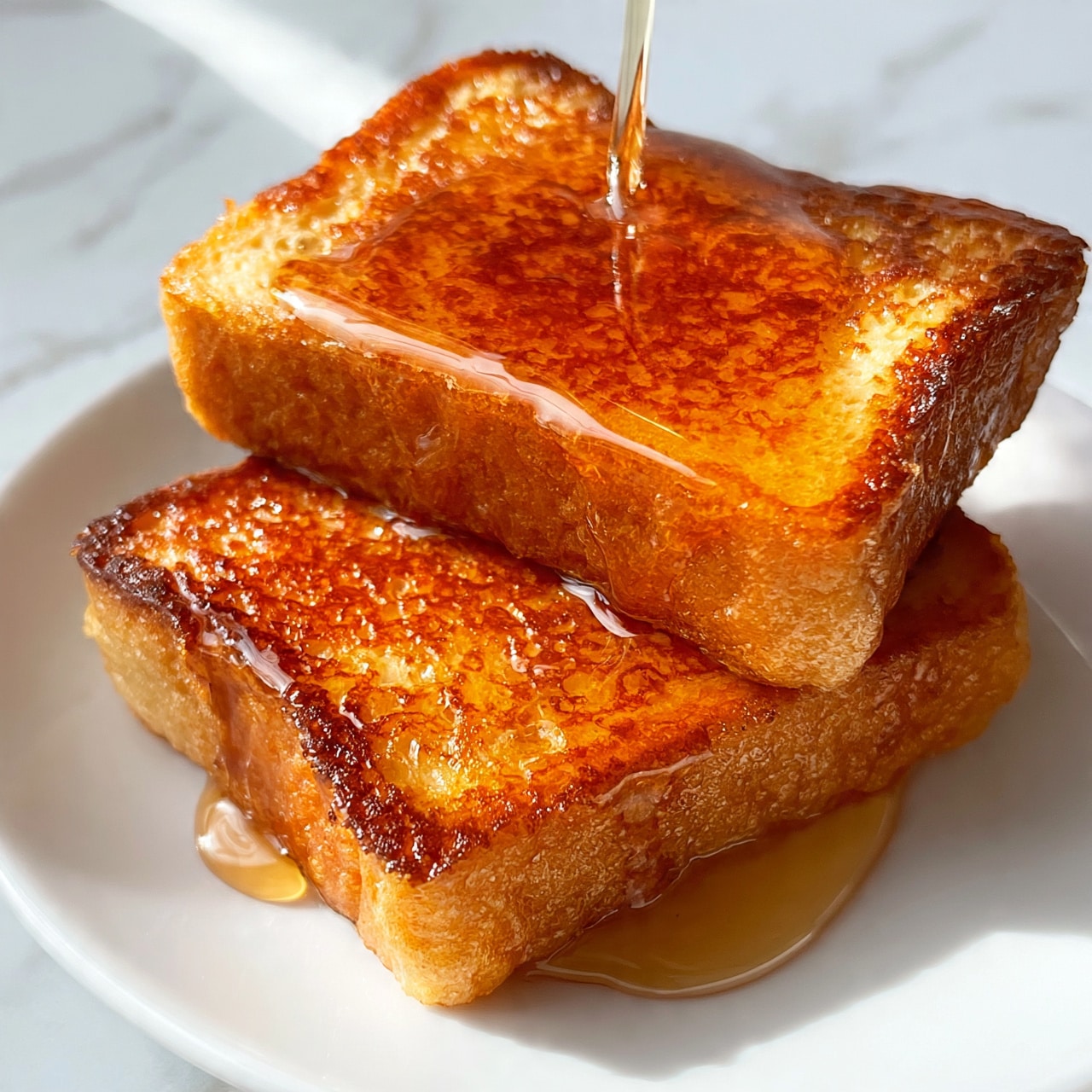 square image Two thick slices of golden-brown French toast stacked on a white plate, each slice showing a crispy, slightly caramelized texture. A shiny layer of syrup is gently poured over the top slice, creating a smooth, sticky shine that catches the light and drips down the sides. The background is a white marble surface, adding a clean and bright feeling to the image. photo taken with an iphone --ar 4:5 --v 7