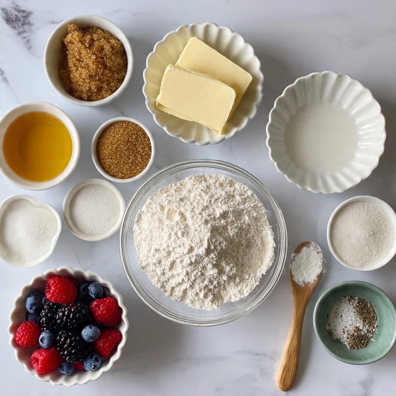 square image The image shows a flat lay of small white bowls arranged on a white marbled surface, each holding different baking ingredients. At the center is a clear glass bowl filled with white flour. Above it and slightly to the left is a white scalloped bowl with two thick cream-colored slices of butter. To the right is another white scalloped bowl with a white liquid inside. Around these are smaller white bowls with golden syrup, brown sugar, white sugar, and a woman’s wooden spoon holding white powder. In the bottom left corner, one white scalloped bowl contains fresh berries with red raspberries, blackberries, and blueberries. A small green bowl has a mix of salt and herbs. The setting is clean and bright, showing the ingredients clearly. photo taken with an iphone --ar 4:5 --v 7