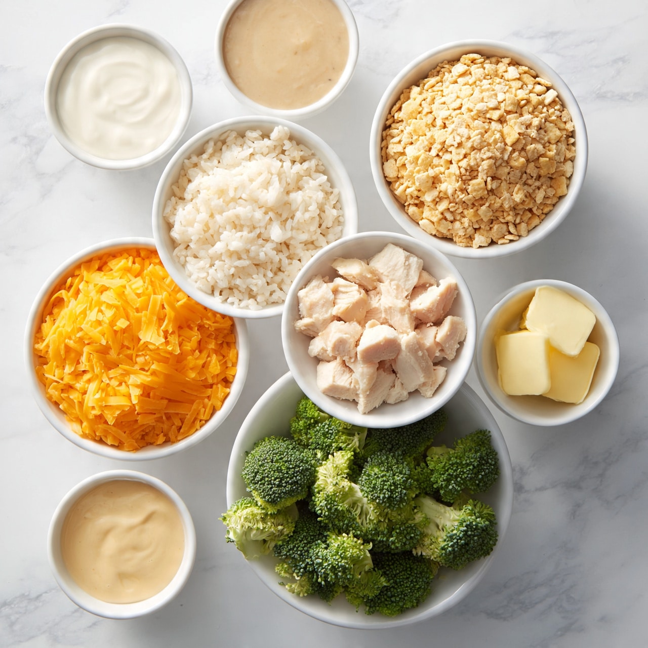 square image The image shows eight white bowls with different ingredients placed on a white marbled surface. Starting from the top right, one bowl is filled with crushed light golden crackers, below it a bowl with chopped pale chicken pieces, next to that a small bowl with three pats of pale yellow butter. Below the butter bowl, a white bowl contains bright green broccoli florets. Moving left, another bowl holds shredded orange cheddar cheese, above it a bowl with cooked white rice. Two small bowls filled with creamy white and beige sauces are placed at the top left and bottom left. The bowls are arranged neatly to showcase the colors and textures of each ingredient photo taken with an iphone --ar 4:5 --v 7