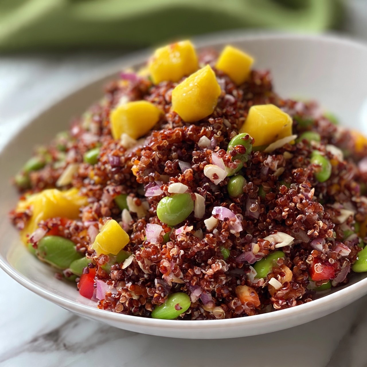square image A close-up view of a mound of red quinoa salad served in a white bowl on a white marbled surface, with layers including small bright yellow mango chunks scattered on top, green edamame beans, finely chopped red onions, small red bell pepper pieces, and tiny white almond slices all mixed through the reddish quinoa grains. The background includes a soft green cloth slightly blurred. Photo taken with an iphone --ar 4:5 --v 7