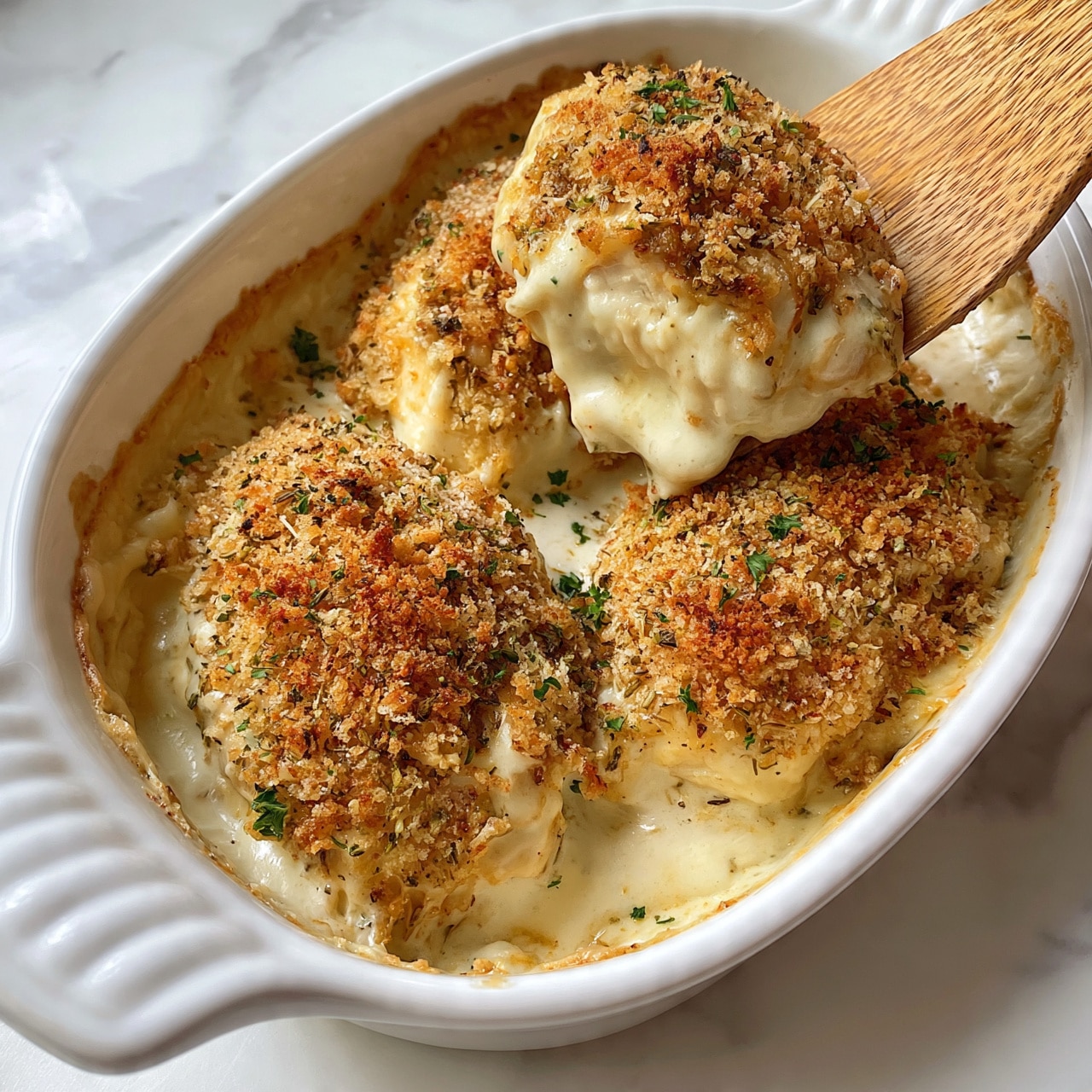 square image The image shows a white casserole dish with four pieces of chicken covered in creamy white sauce. The chicken is topped with a crunchy golden-brown layer of breadcrumbs mixed with herbs and small green specks of parsley sprinkled on top. One piece of chicken is being lifted by a wooden spatula revealing the creamy saucy layer underneath. The white marbled surface is visible around the dish. photo taken with an iphone --ar 4:5 --v 7