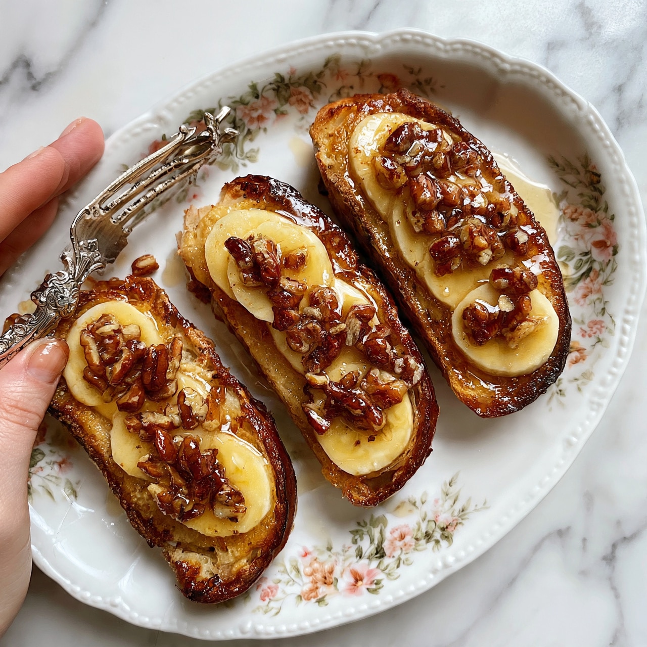 square image The dish is a white floral patterned oval plate filled with three thick slices of golden-brown toasted bread layered with a syrupy glaze giving the surface a shiny, sticky texture. On top of the toast are evenly spread round banana slices with a soft yellow color. Scattered throughout the plate are pieces of glossy pecans adding a dark brown crunchy texture. The toast edges have a crisp look with a slightly darker brown hue. A woman's hand is holding an ornate silver fork on the left side of the plate. The plate is placed on a white marbled surface. photo taken with an iphone --ar 4:5 --v 7