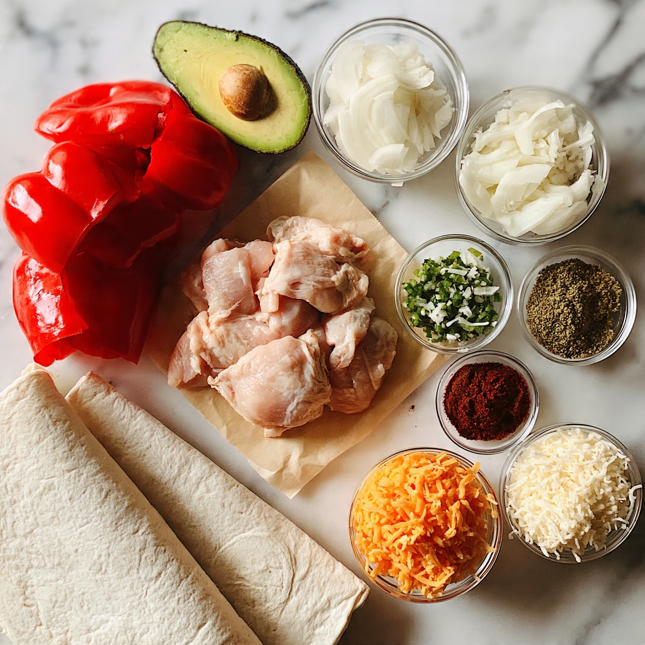 square image In this image, raw light pink chicken pieces lie at the center on a small piece of light brown parchment paper. Surrounding the chicken are bright, fresh red bell peppers with shiny skin, a sliced avocado showing its green inside and a brown seed, and fresh white onion slices in a small clear bowl. There are two small clear bowls filled with finely chopped green chili and thin white onion slices. Two small clear bowls contain different dry spices, one green and the other brown, while another small clear bowl holds dark red chili powder. Next to these ingredients, two small clear bowls hold shredded orange cheese and white shredded cheese. On the bottom left, there are three large folded white flour tortillas. All the items are placed on a white marbled surface, making the colors of the ingredients pop. photo taken with an iphone --ar 4:5 --v 7