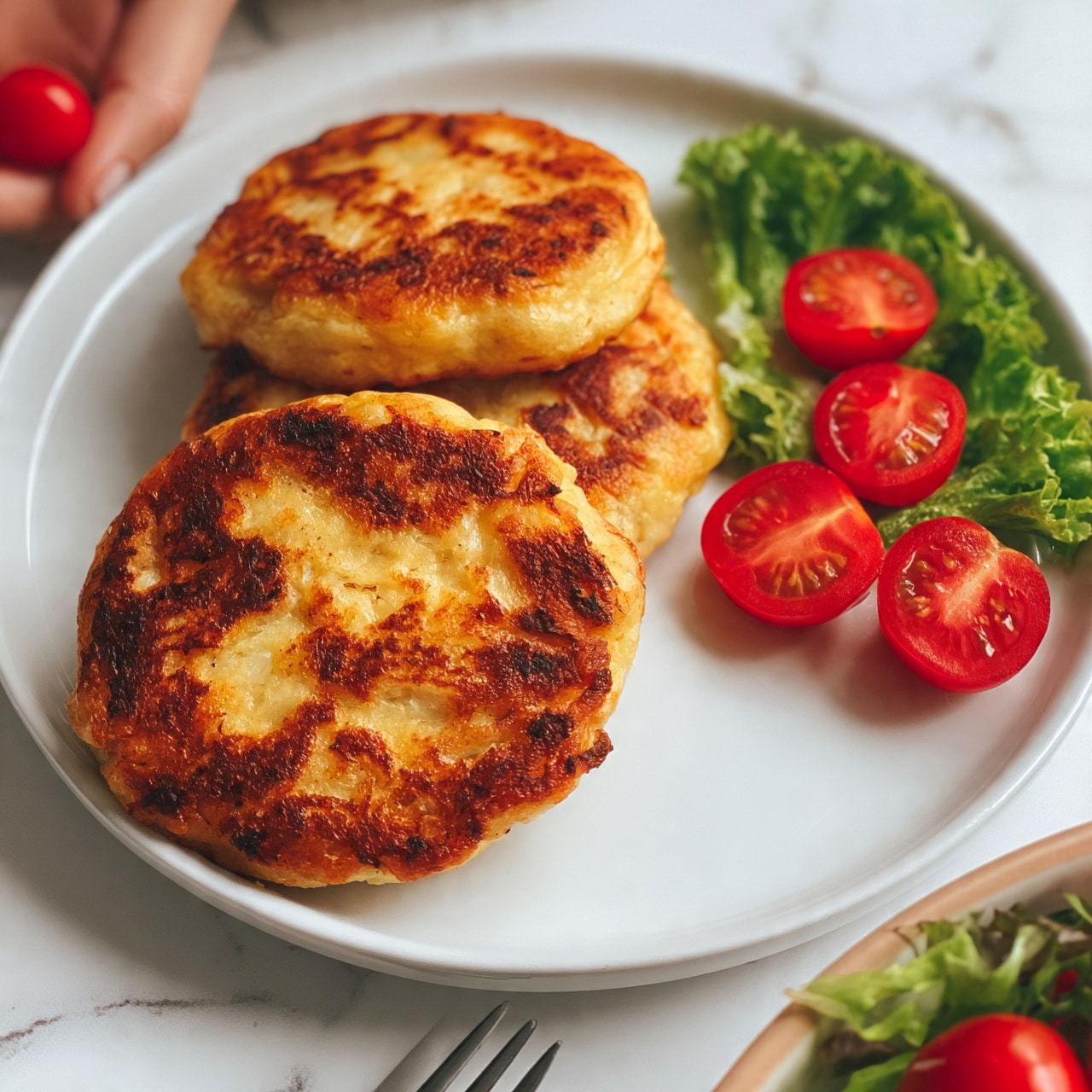 square image The image shows a white plate with four golden brown pan-fried patties arranged in a slight stack, three in the back and one in the front, all with a slightly crispy texture and uneven browned spots. On the right side of the plate, there is a small bed of fresh green lettuce with three halved bright red cherry tomatoes resting on it. The plate is set on a white marbled surface, and in the background, a woman's hand is partially visible holding a small bunch of cherry tomatoes on the left side. In the lower part of the image, a fork and a bowl with a green salad and more cherry tomatoes are slightly visible. Photo taken with an iphone --ar 4:5 --v 7