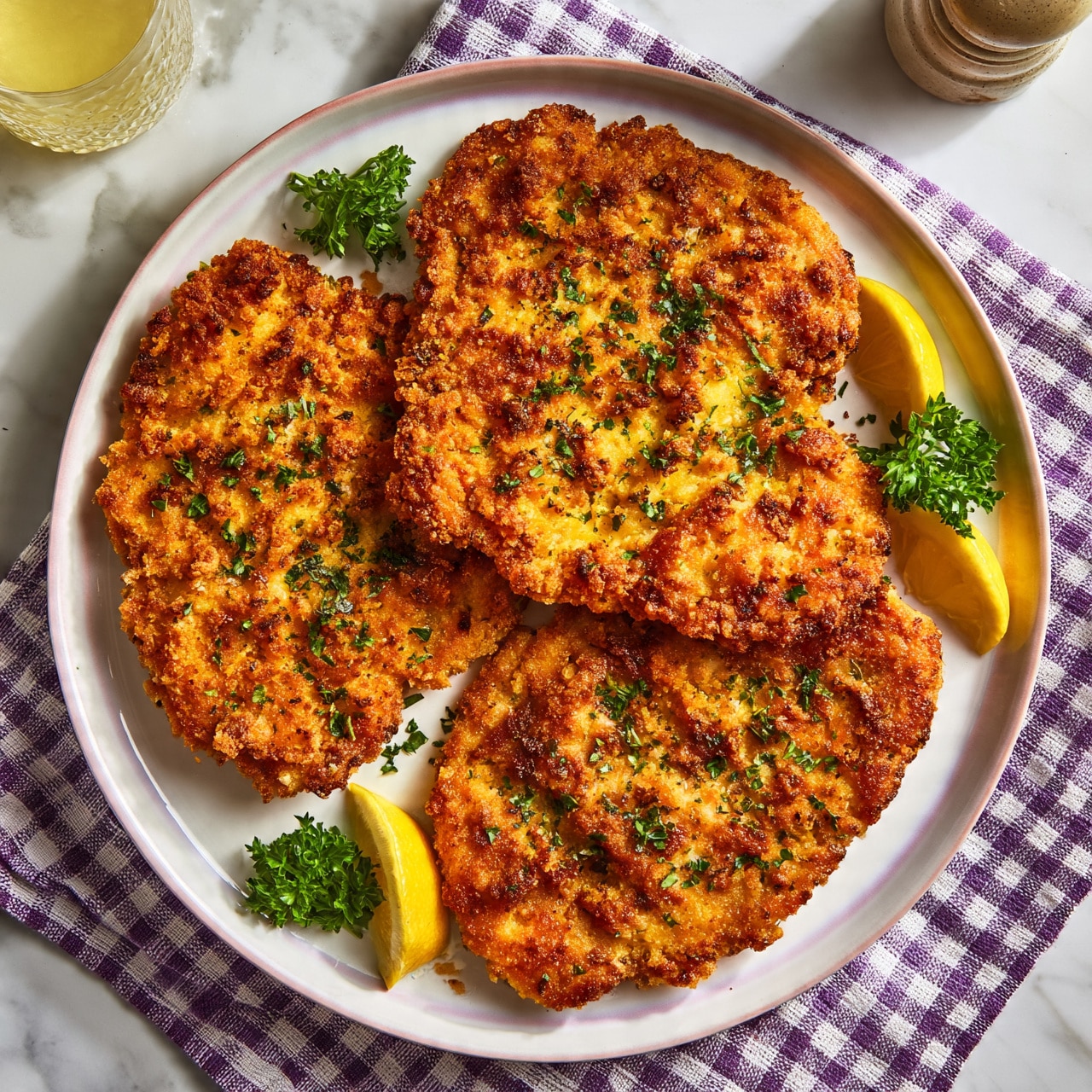 square image The image shows three golden-brown breaded chicken cutlets arranged on a white plate with a slight pink rim. The chicken pieces have a crunchy texture with some green herbs sprinkled on top. Around the chicken, there are small green parsley leaves and lemon wedges placed for garnish. The plate sits on a purple and white checkered cloth, with a glass of light yellow drink and a pepper grinder nearby on a white marbled surface. The light is bright and natural, highlighting the crispy texture of the chicken. photo taken with an iphone --ar 4:5 --v 7