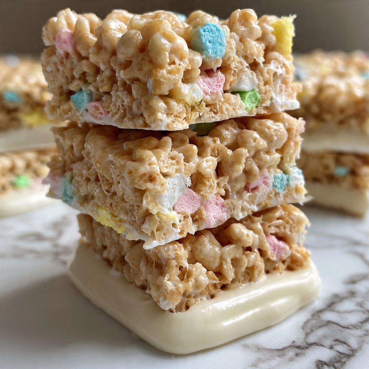 square image The image shows a close-up of a stack of three cereal treats with three visible layers. The bottom layer is a smooth, creamy white coating that looks thick and glossy. Above it is a thick, textured layer made from light brown cereal pieces mixed with small, colorful marshmallow bits in pink, blue, green, and yellow. Each layer is sticky and glossy, binding the cereal shapes together. The top layer is similar to the middle layer, with the cereal and marshmallow pieces packed tightly, showing rough and airy textures. The stack sits on a white marbled surface, with more treats blurred in the background. photo taken with an iphone --ar 4:5 --v 7