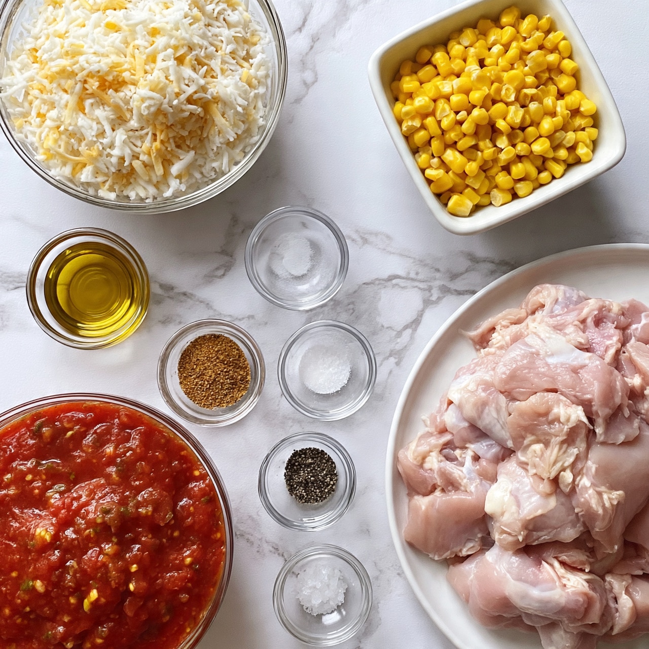 square image The image shows raw pale pink chicken pieces placed side by side on a white plate, positioned at the bottom right. Above them to the left is a glass bowl filled with shredded white cheese with slight yellow tint. Next to the cheese, in the top right corner, is a small white square bowl filled with bright yellow corn kernels. Below the cheese is a small glass bowl with golden olive oil. Below it is a small glass bowl with brown seasoning powder. In the bottom left corner, there is a larger glass bowl filled with thick red tomato sauce that has some green and yellow bits. To the right of the sauce are three small glass bowls arranged in a row, filled respectively with white powder, black pepper, and clear salt. All items are set on a surface with a white marbled texture. photo taken with an iphone --ar 4:5 --v 7