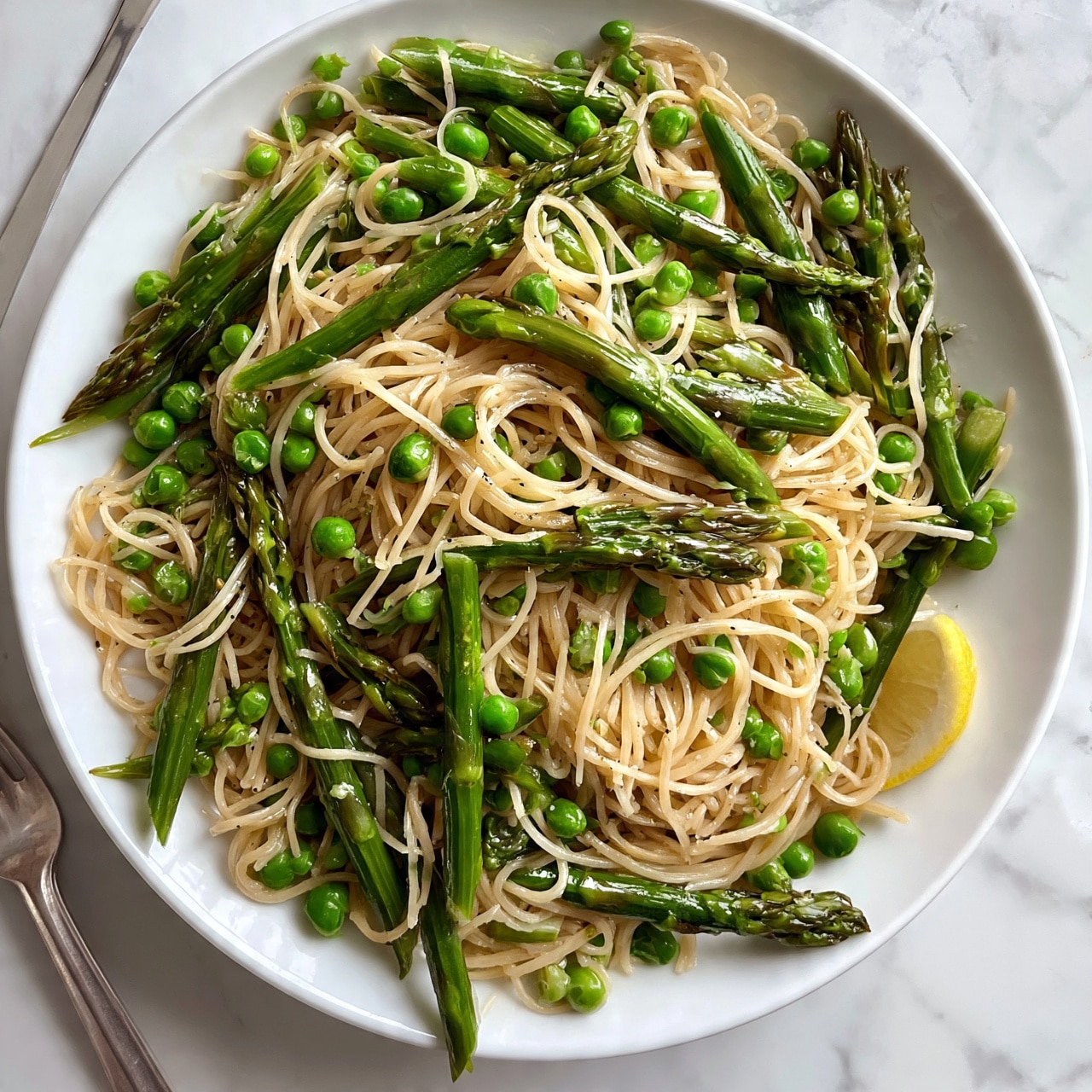 square image A white plate on a white marbled surface holds a serving of pasta mixed with green peas and sliced asparagus. The pasta strands are light beige, thin, and tangled with bright green peas and longer pieces of asparagus that have a slightly shiny texture. The mixture is spread evenly across the plate with a small lemon wedge placed on one side. A silver fork lies to the left of the plate on the surface. The overall colors are fresh greens and light pasta tones, with a clean and simple presentation. photo taken with an iphone --ar 4:5 --v 7
