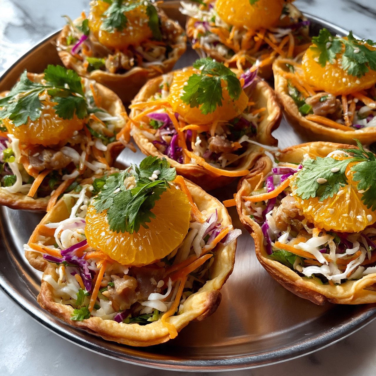 square image The image shows several small food cups arranged on a round metal tray sitting on a white marbled surface. Each cup has a golden-brown crispy shell as the base, forming the first layer. Inside, the second layer is filled with mixed shredded vegetables including white and purple cabbage, thin orange carrot strips, and green herbs. On top of this, there are small pieces of light brown cooked meat mixed in. As the final layer, each cup has a bright orange mandarin slice and fresh green cilantro leaves, sprinkled with small white sesame seeds. The cups are close together, filling the tray with colorful, layered finger foods. photo taken with an iphone --ar 4:5 --v 7