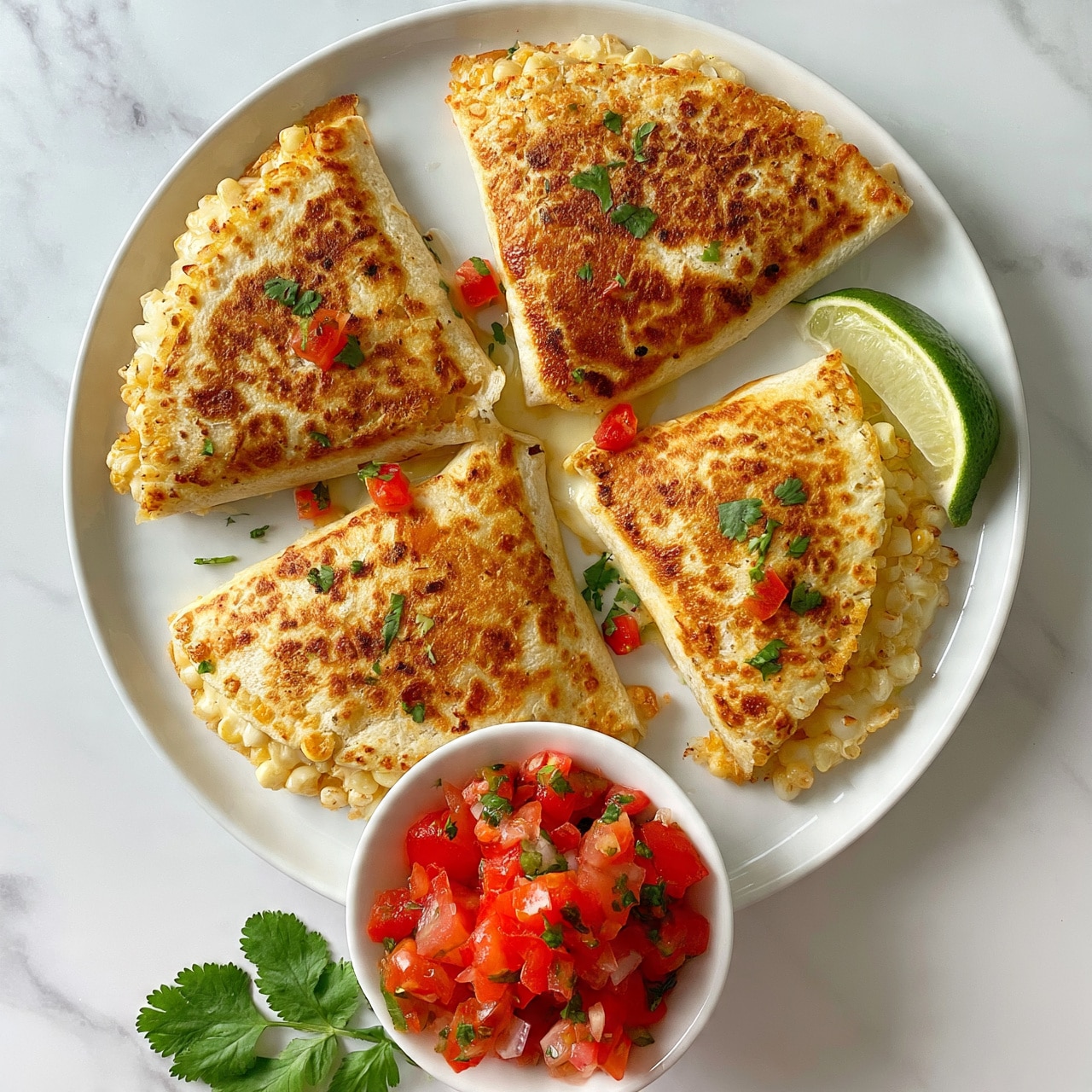 square image The image shows a white plate with five golden brown quesadilla pieces arranged in a circle on a white marbled surface. Each quesadilla is folded in half, with a crispy, slightly toasted texture on the outside and a soft, cheesy inside visible at the edges; popped corn and melted cheese peek out from the seams. Small pieces of red tomato and green cilantro leaves are scattered over the quesadillas, adding color. A wedge of lime and a half lime sit on the side of the plate. In front of the plate, there is a small white bowl filled with bright chunks of red tomato, green herbs, and bits of onion salsa. Some cilantro leaves lie next to the bowl. The photo taken with an iphone --ar 4:5 --v 7