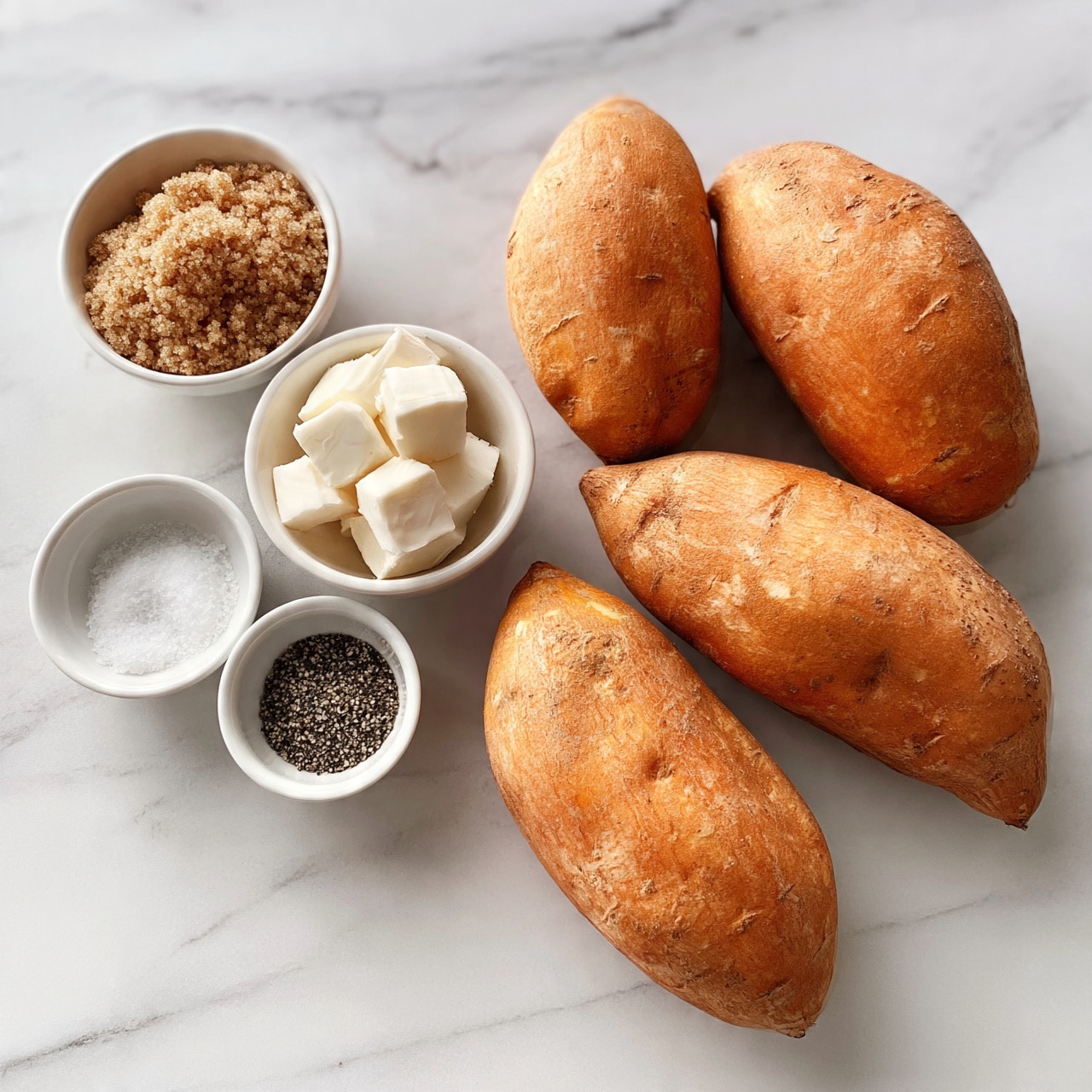 square image The image shows four whole sweet potatoes with a rough orange skin placed on a white marbled surface. To the left, there are three small white bowls arranged in a loose triangle: one bowl contains light brown sugar with a grainy texture, another holds several small white cubes of butter, and the last two smaller bowls contain fine white salt and black pepper flakes. The colors are natural and warm, with the sweet potatoes' orange contrasting with the white bowls and marbled surface. photo taken with an iphone --ar 4:5 --v 7