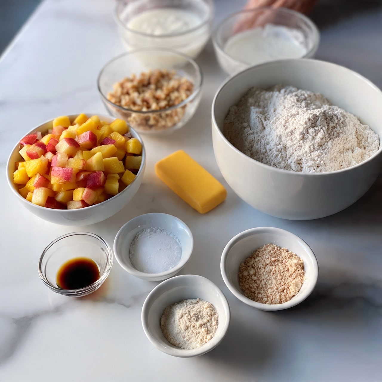 square image The image shows several clear and white bowls and small glass containers arranged neatly on a white marbled surface. One white bowl is filled with a mix of diced yellow and red fruit pieces. Another larger white bowl contains fine white flour. There are two small round white bowls holding white and light brown powders. A small rectangular yellow butter stick rests on the surface near the bowls. One glass container holds some light brown chopped nuts, another has a white creamy liquid, and a small glass dish contains a dark brown liquid, possibly vanilla. A woman's hand is partly visible in the image near the bowls. Photo taken with an iphone --ar 4:5 --v 7