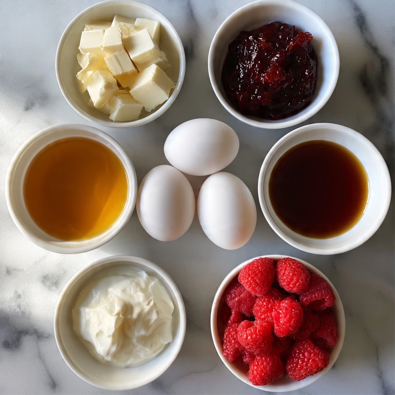 square image There is a white marbled surface with seven small white bowls and two whole eggs arranged neatly. The top left bowl contains white cubes of butter, while the top right bowl holds a dark reddish jam. Below, in the middle left bowl, there is a golden liquid, and in the middle right bowl, a dark brown syrup. Below those, a small bowl of white cream sits on the left, and a bowl filled with bright red raspberries is on the right. Two whole white eggs are placed in the middle between the rows of bowls. photo taken with an iphone --ar 4:5 --v 7