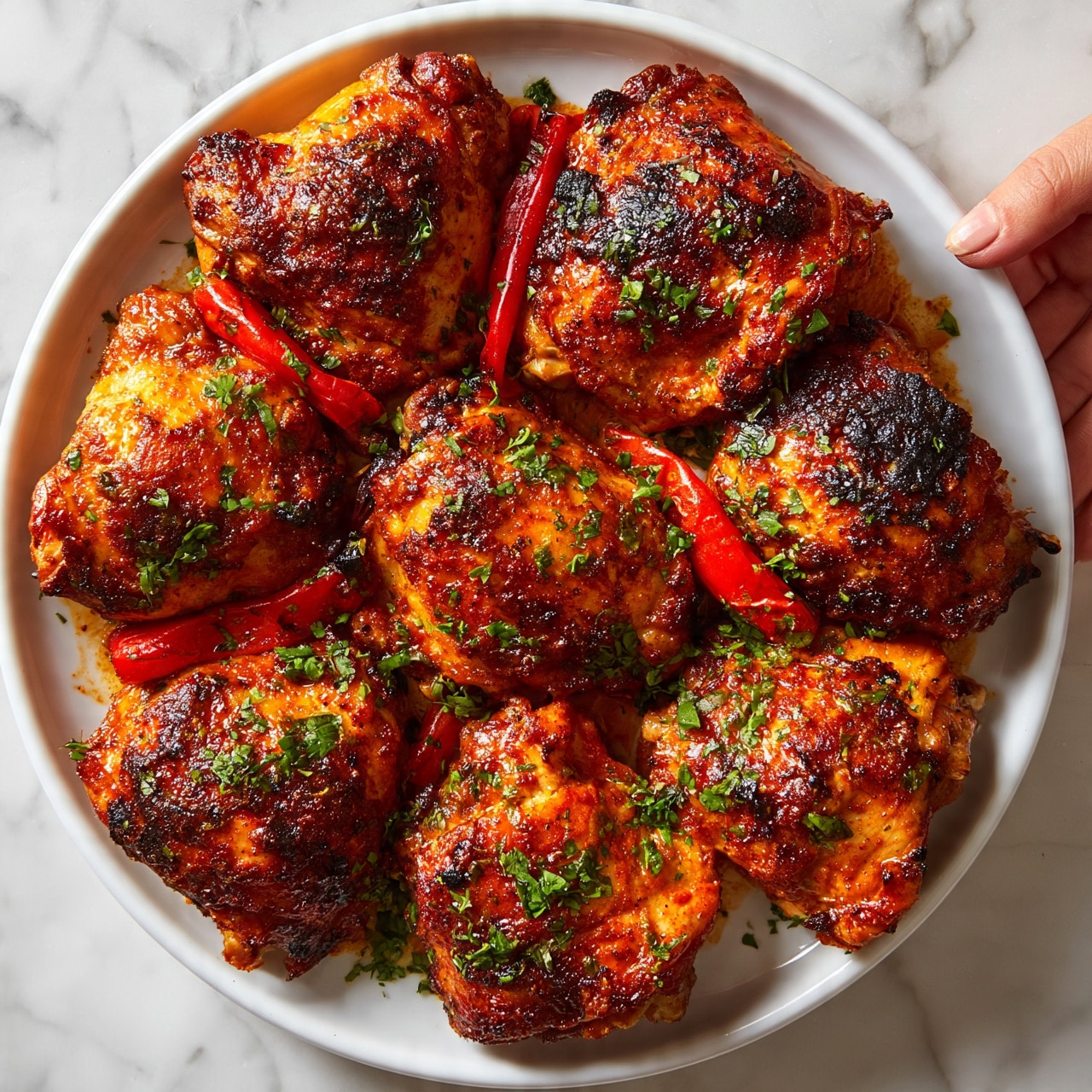 square image The image shows a white plate with seven cooked chicken thighs arranged to fill the plate. The chicken has a rich, dark orange-red color with charred spots and a shiny, slightly oily texture from the marinade or sauce. Between the chicken pieces, there are whole roasted red peppers adding long, thin bursts of bright red color. Fresh green herbs are sprinkled over the chicken and peppers, adding contrast and a hint of freshness. The plate is set on a white marbled surface, enhancing the bright colors of the food. A woman's hand is seen holding the edge of the plate from the right side. Photo taken with an iphone --ar 4:5 --v 7